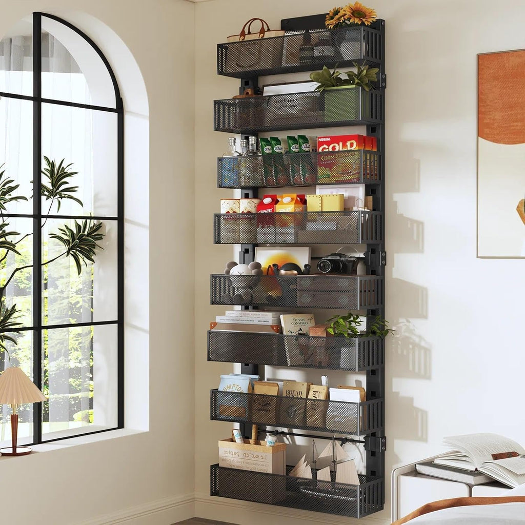 Over The Door Organizer, 8-Tier Heavy-Duty Metal Mesh Rack, Adjustable Large Baskets, 2-in-1 Hanging or Wall Mount Spice Rack, Behind The Door Organizer for Bedroom Closet Bathroom Pantry Kitchen