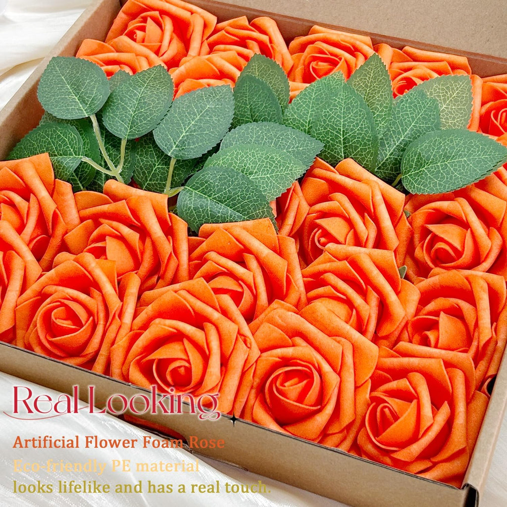 50pcs Artificial Flowers Foam Fake Rose with Stems 12 Leaves Real Looking Bright Orange Faux Roses for Wedding Bouquets Bridal Shower Centerpieces Arrangements Party Tables Decorations DIY (Orange)