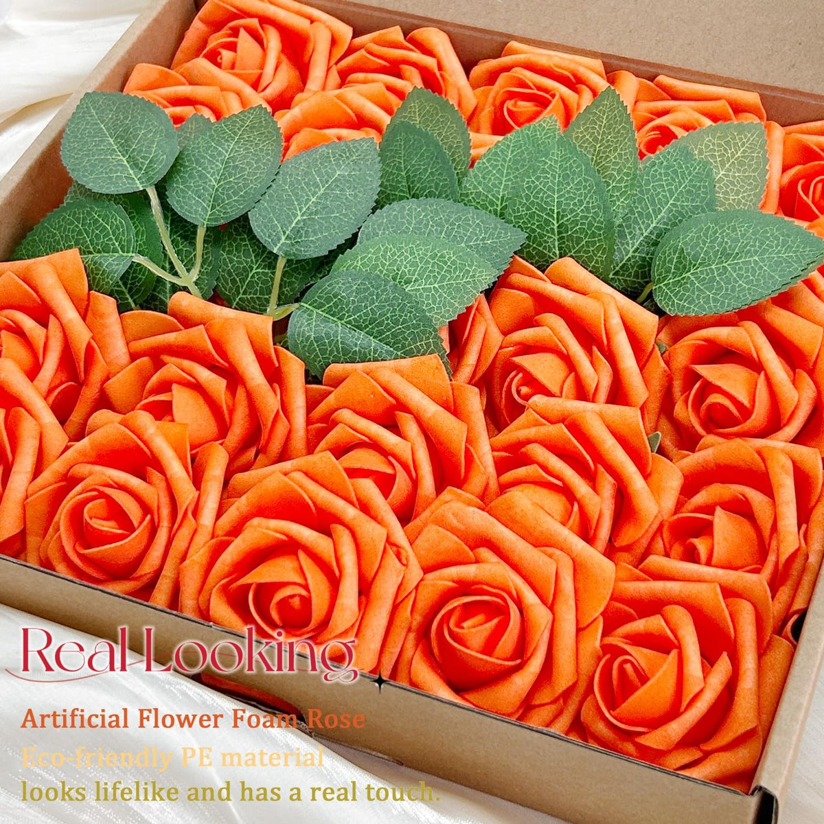 50pcs Artificial Flowers Foam Fake Rose with Stems 12 Leaves Real Looking Bright Orange Faux Roses for Wedding Bouquets Bridal Shower Centerpieces Arrangements Party Tables Decorations DIY (Orange)