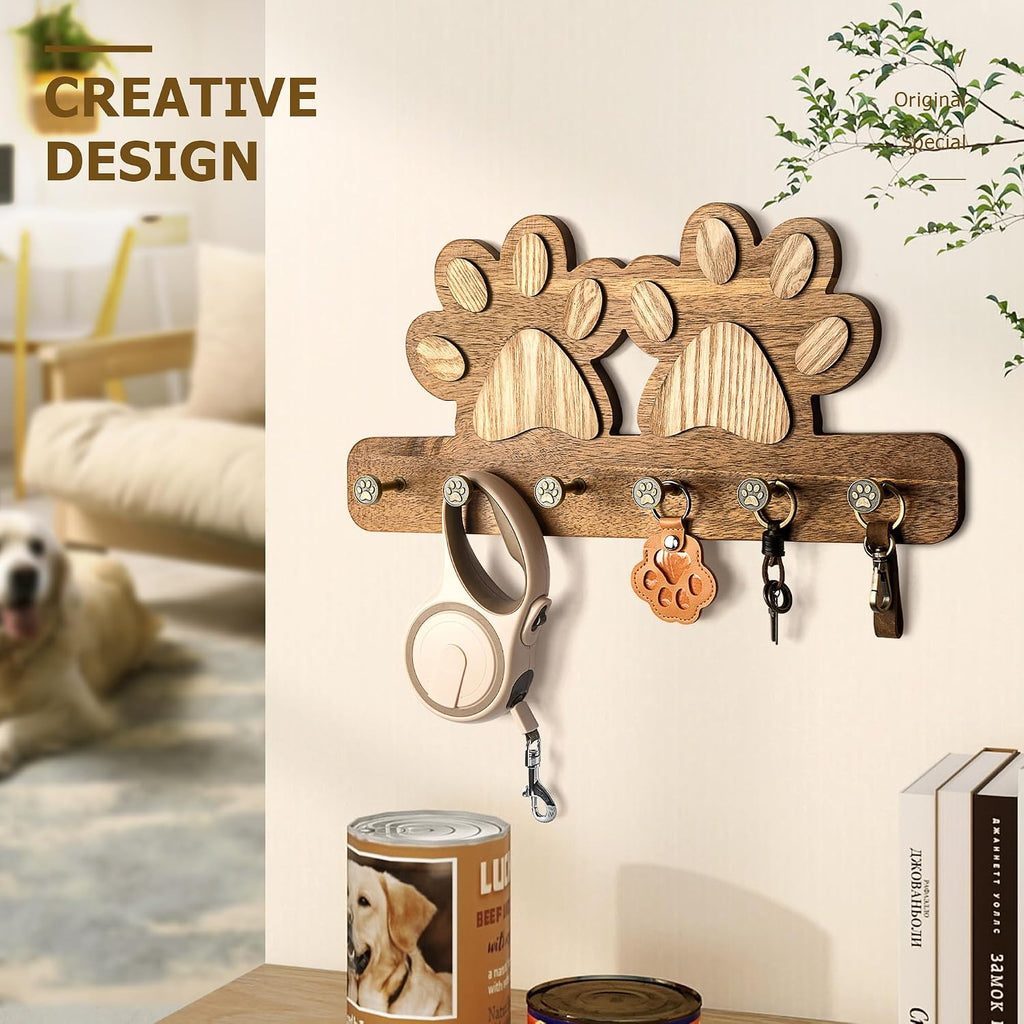 MTERSN Acacia Wood Cute Dog Leash Holder for Wall for Pet Organizer, Brown