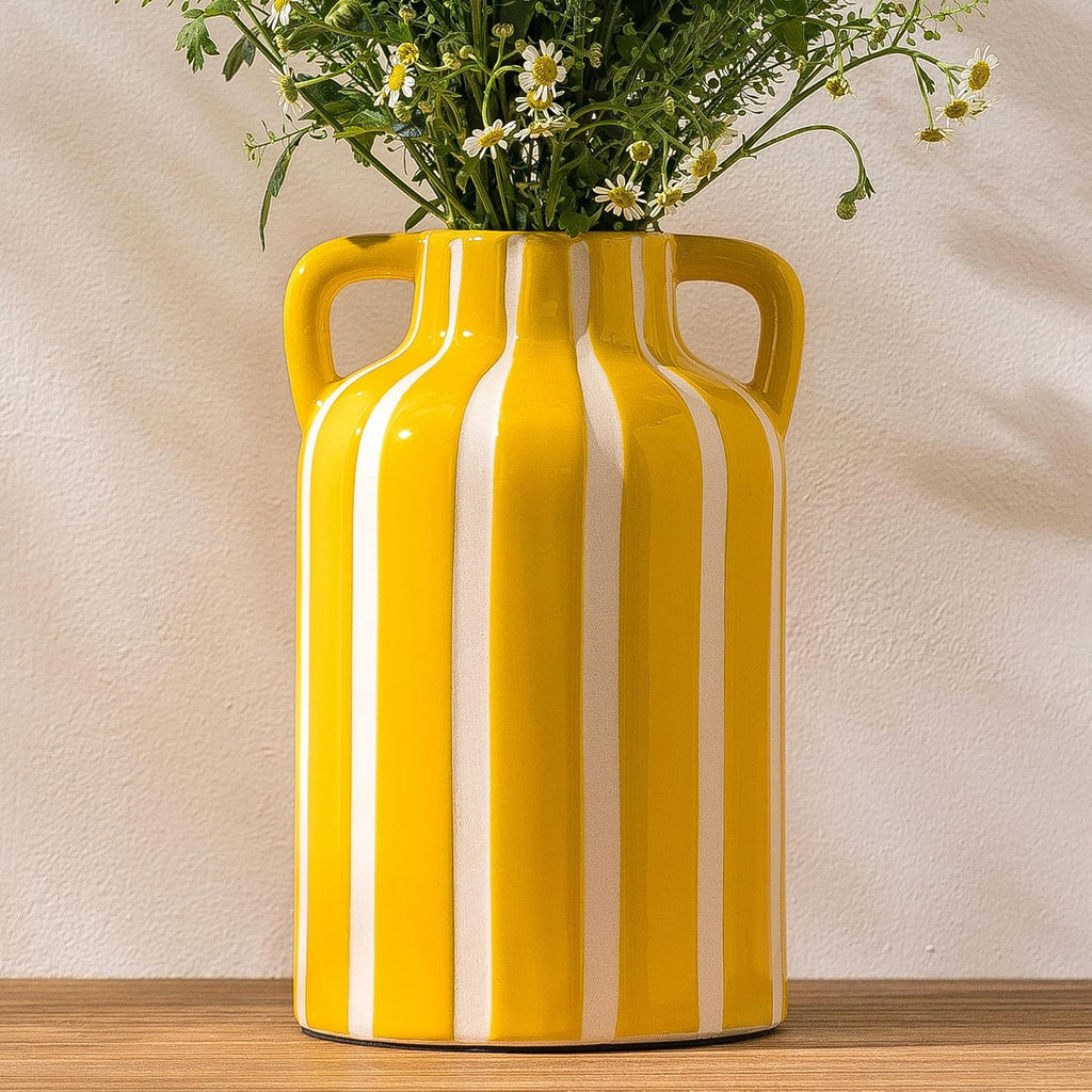 SURE YUESI Yellow Ceramic Vase with Handles, Modern Farmhouse Striped Decorative Vase, 9.1" Art Deco Tall Flower Vases for Pampas Grass, Shelf Decor, Dining Table Centerpiece, Living Room Home Decor