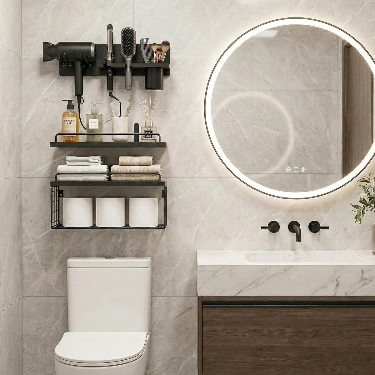 3-Tier Bathroom Floating Shelves with Hair Dryer Holder, Black