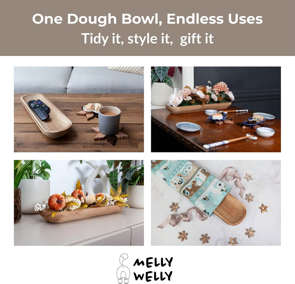 17.5” Handcrafted Wooden Dough Bowl – Artisan Paulownia Wood Centerpiece | Luxury Rustic Home Décor | Elegant Catchall Beautiful Gift