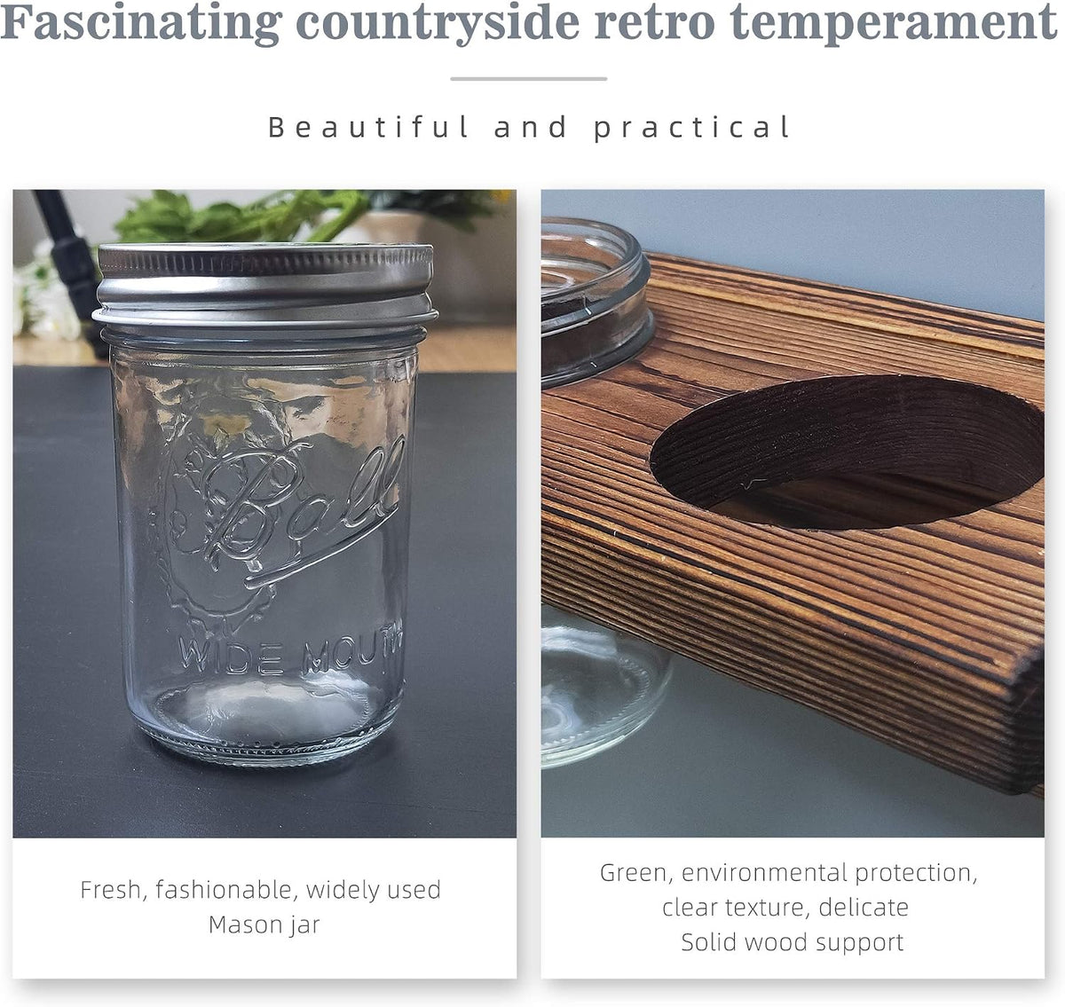 Mason Jar Shelf, Rustic Farmhouse Toothbrush Holder Wall-Mounted, Hanging Mason Jars Organizer for Planters and Candle, Solid Wood Shelf for Office, Kitchen, Barthroom