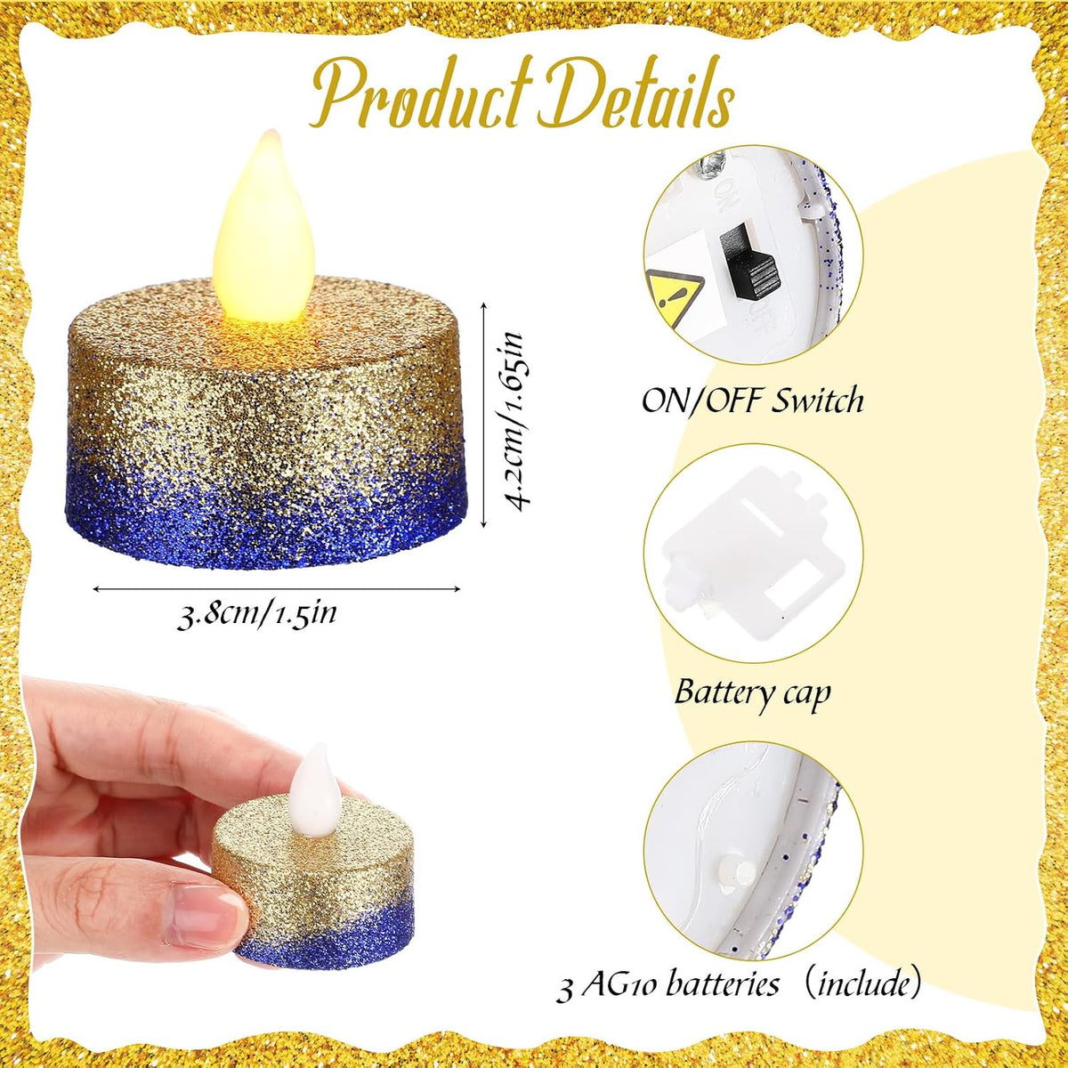 Retisee 48 Pack Flameless LED Candles Glitter Decor,Gold,Blue,1.65 Inch