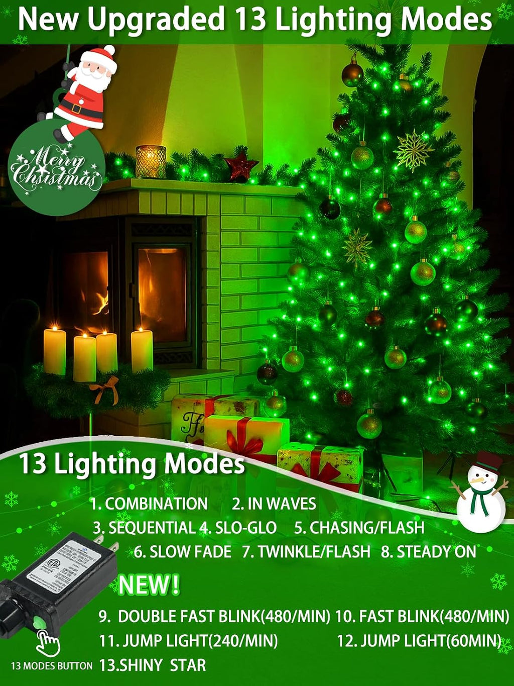 2 Pack 200 LED Christmas Lights 13 Modes Extendable Christmas Tree Lights