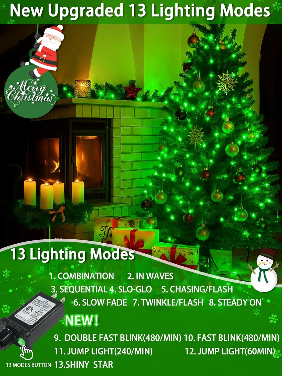 2 Pack 200 LED Christmas Lights 13 Modes Extendable Christmas Tree Lights
