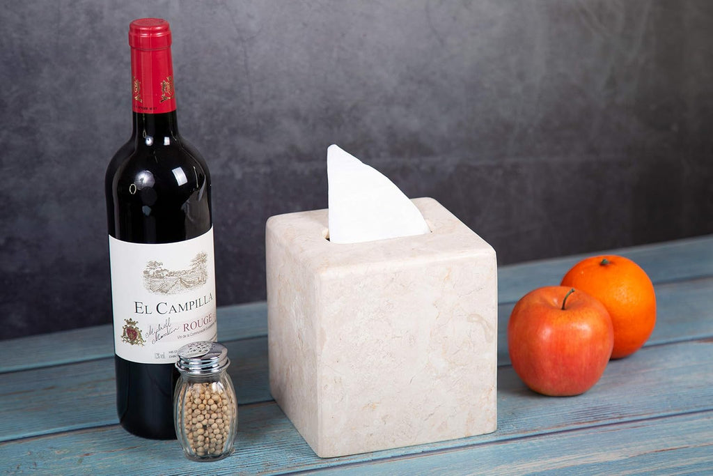 Creative Home Natural Marble Tissue Box Cover, Square Beige Tissue Holder, 5.4 x 5.4 x 5.6 H Inch (Pack of 2)