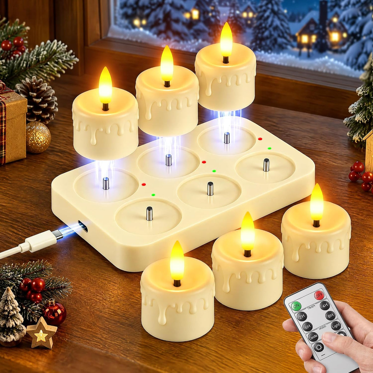 Rechargeable Flameless Tea Lights Candles with Charging Station Remote 6Pcs