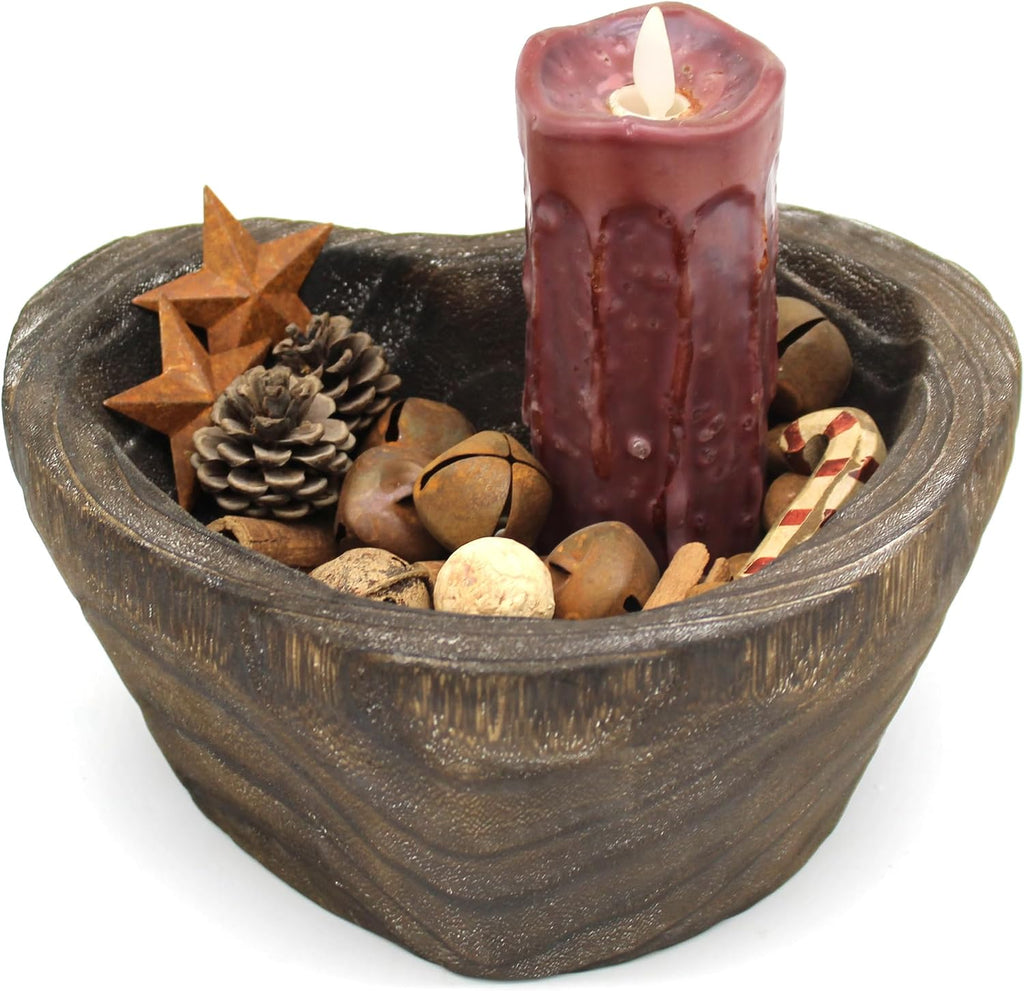 CVHOMEDECO. Primitives Solid Wood Functional and Collectible Bowl Vintage Heart Hand Carved Wooden Bowl Rustic Treenware Artworks for Serving Nuts Snacks Fruits or Accent Decor, 8.5 Inch