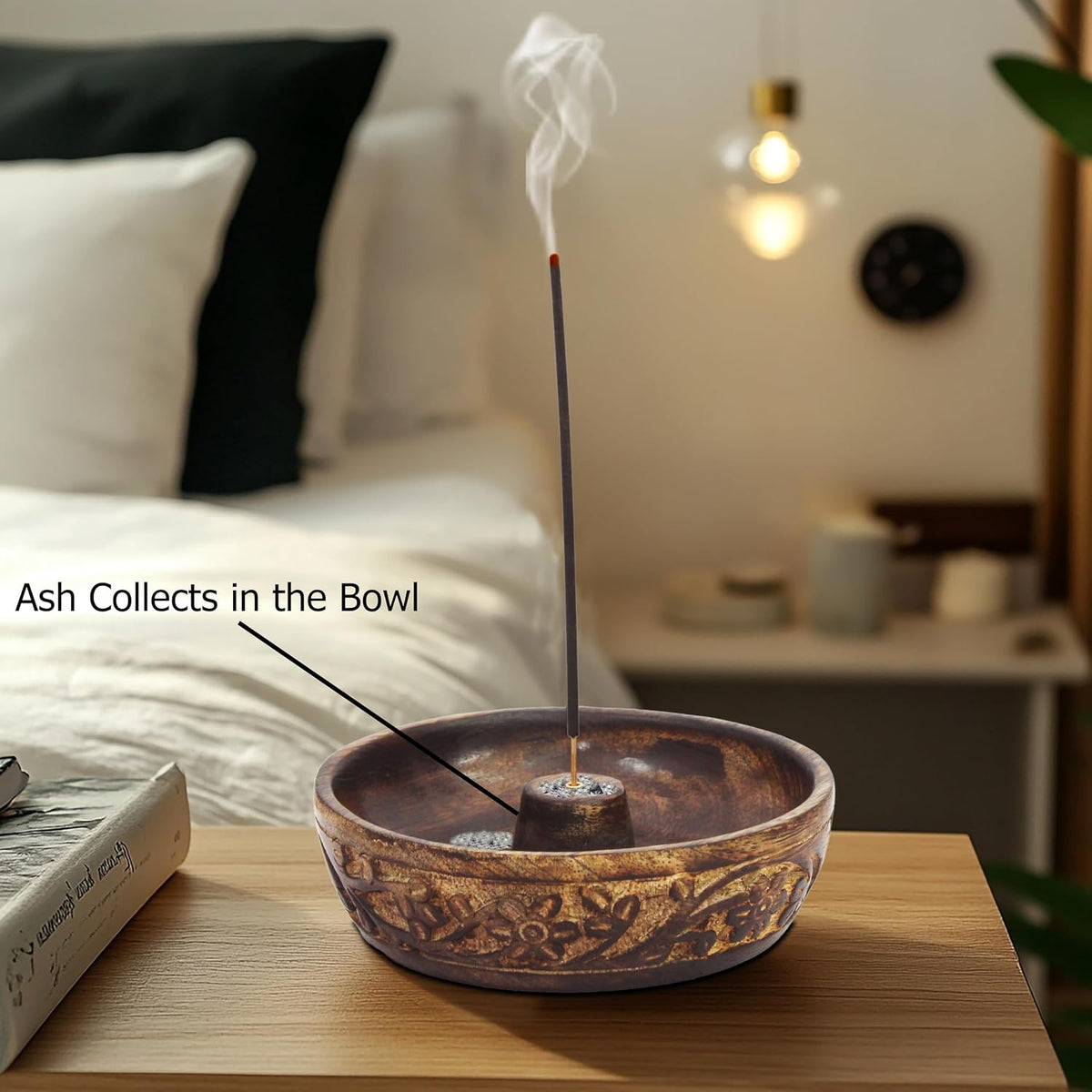 COTTON CRAFT Hand Carved Wood Incense Burner Holder - 2 Pack - Natural