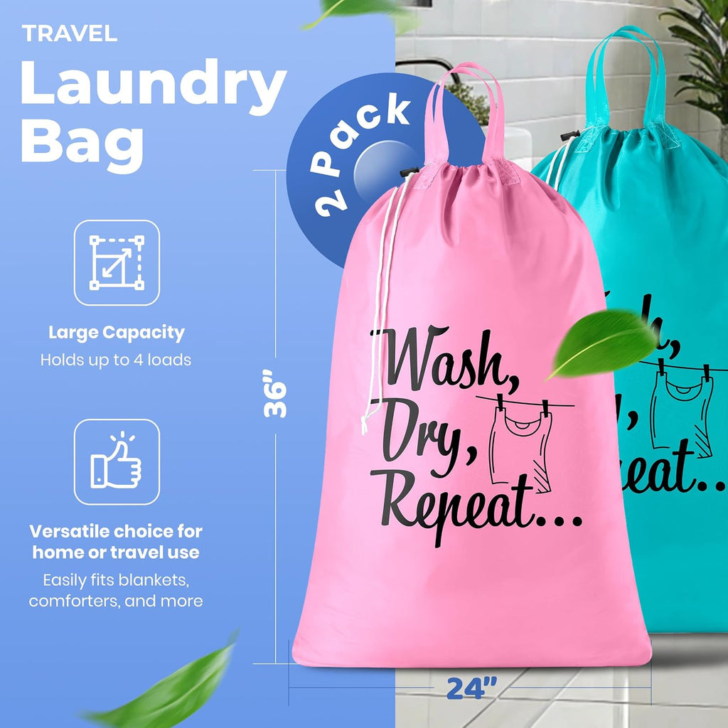 Handy Laundry Extra Large Travel Laundry Bags 2-Pack – Heavy Duty, Water-Resistant, Holds 4 Loads, Drawstring Closure, Fun Print for Camping, Dorms, Travel, Pink-Teal, 24 x 36 in