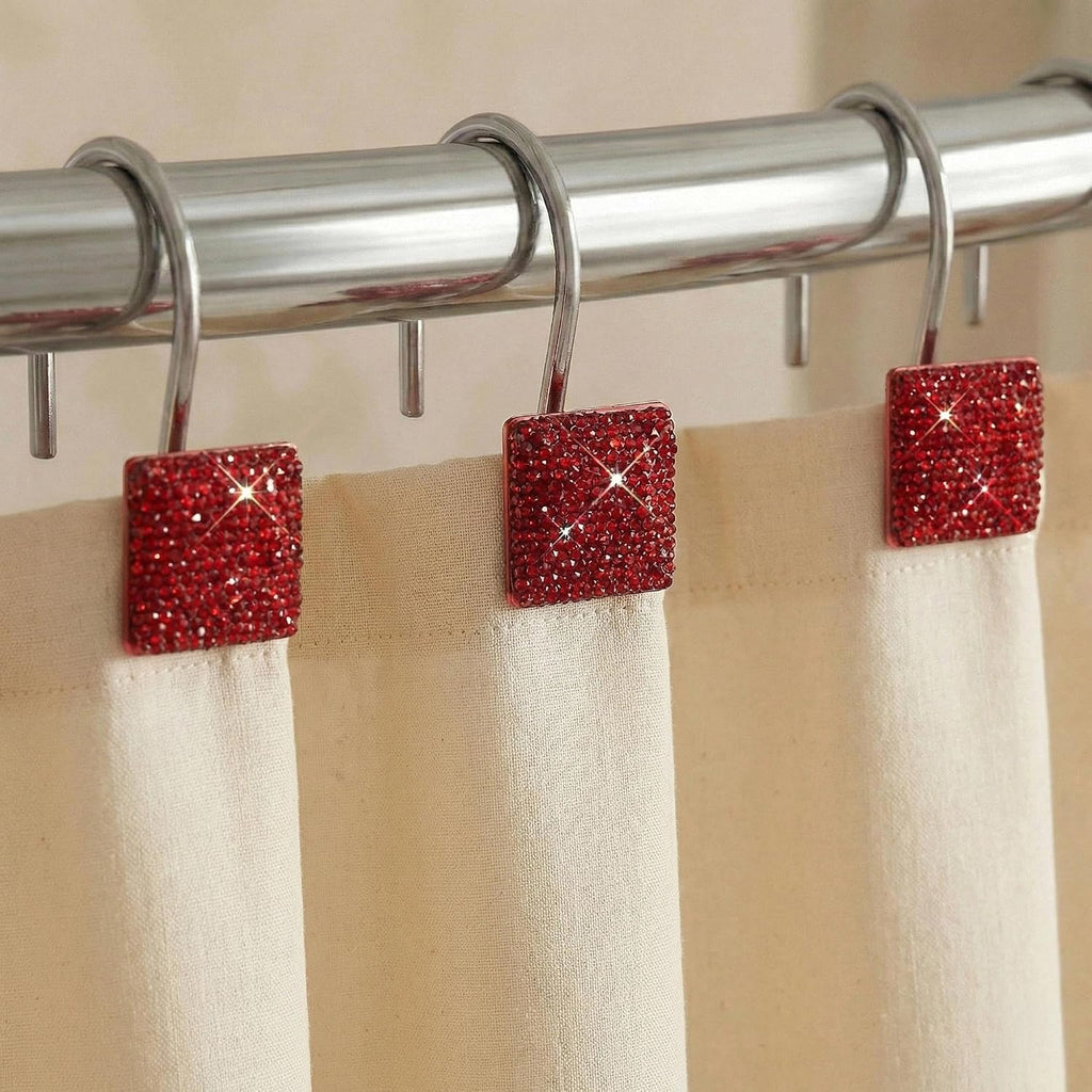 Red Bling Shower Curtain Hooks: Christmas Bathroom Curtain Rings, 12Pcs