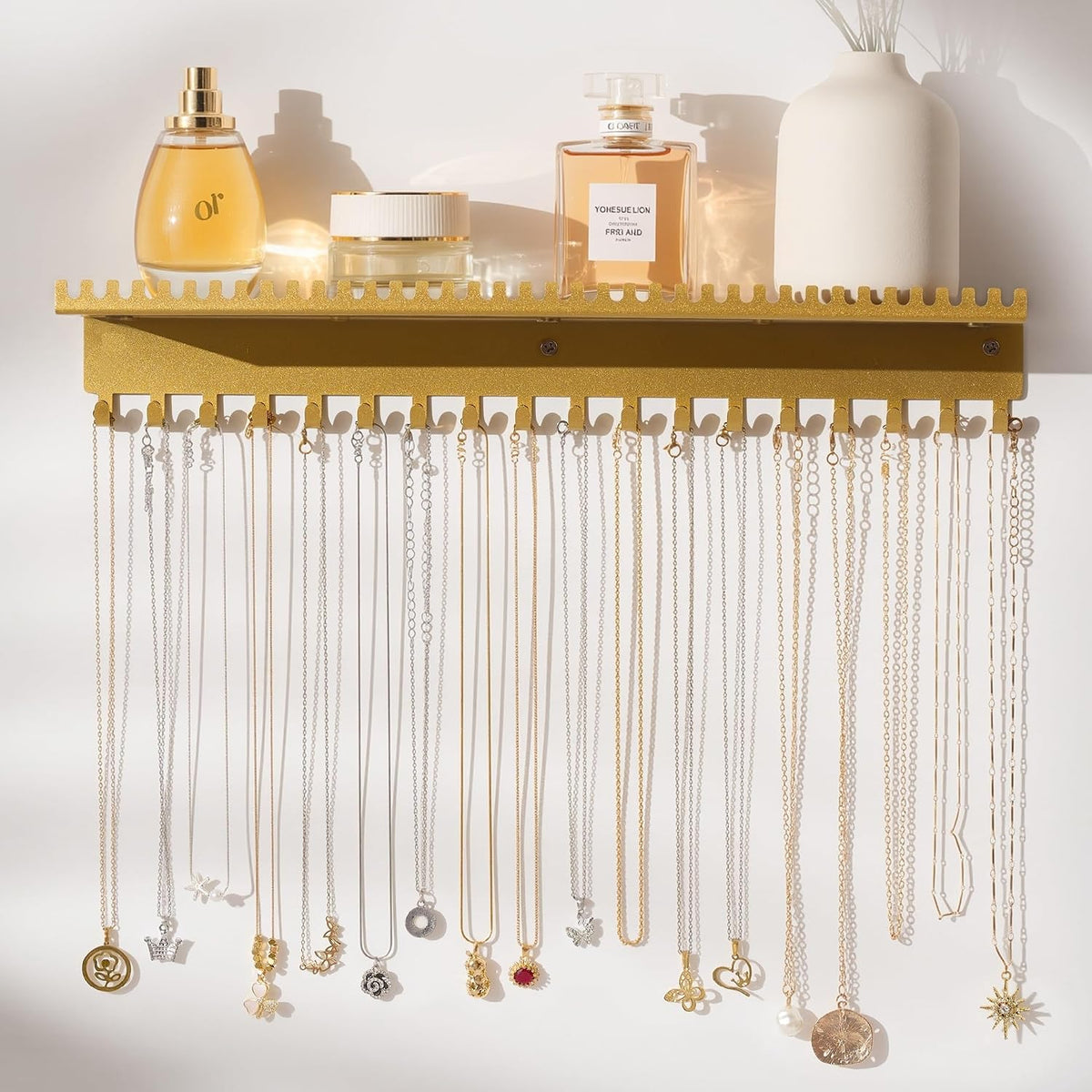 Wall Mounted Necklace Holder with Shelf, Wall Jewelry Organizer, Gold