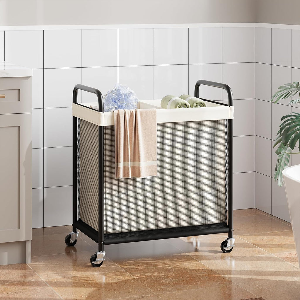 ELYKEN Laundry Hamper 2 Section, 100L Rolling Laundry Sorter with Wheels