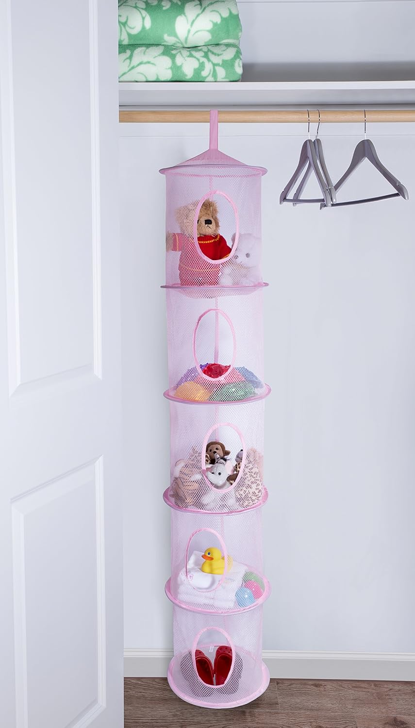 Handy Laundry 5-Shelf Storage Organizer - 12" X 59" - Hang in Your Children's Room or Closet - Fun Way to Organize Kids Toys or Store Gloves, Hats and Mittens - Attaches Easily to Any Rod (Pink)