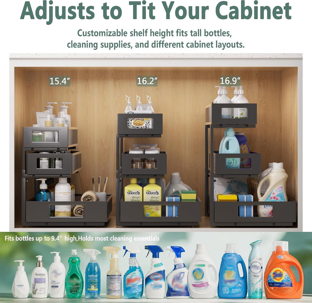 Under Sink Organizer, 3-Tier Height Adjustable Pull Out Cabinet Organizer