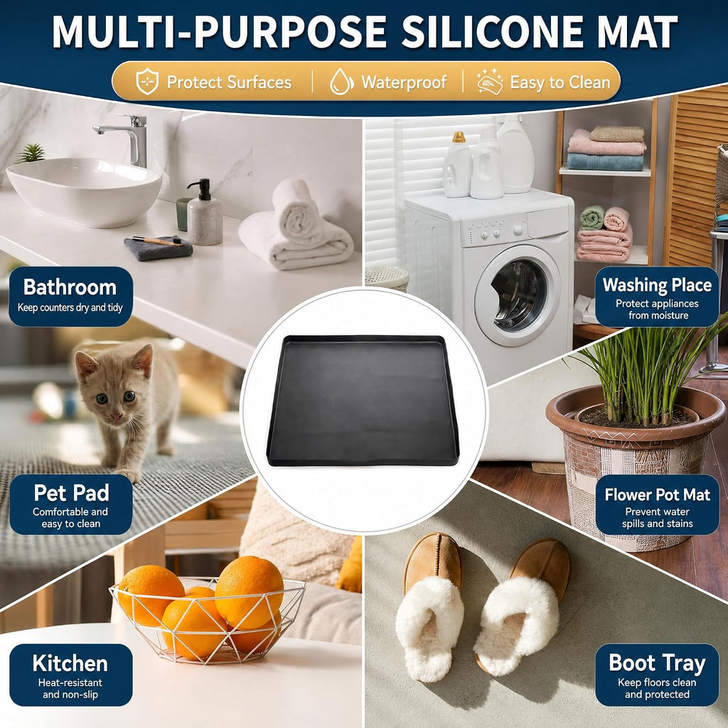 Fasmov Mini Fridge Silicone Mat with Raised Edges, 24''x24''x0.8'', Refrigerator Floor Protector Mat, Under Refrigerator Mat Mini Fridge Drip Pan Prevents Appliance Leakage Water Spills, Black