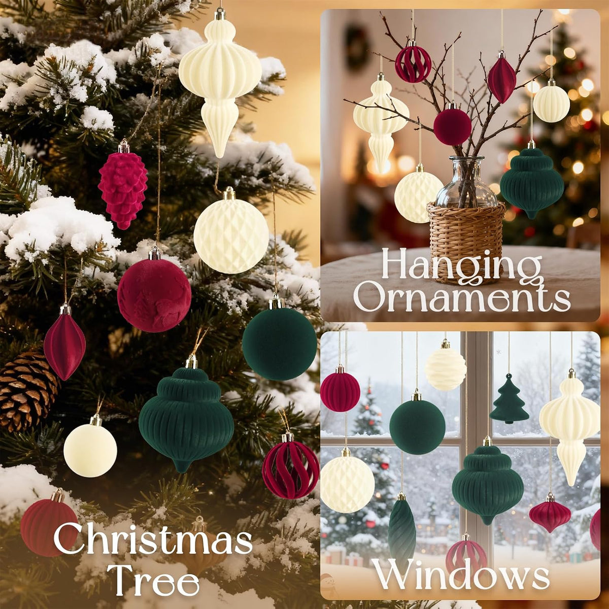 18Pcs Velvet Christmas Tree Ornaments Set, Flocked Hanging Christmas Balls Ornaments, Shatterproof Red Green White Hanging Balls Decorations Assortment for Xmas Tree Winter Holiday Home Party Decor