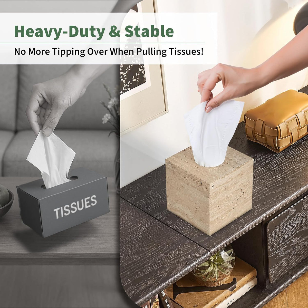 Real Natural Travertine Tissue Box Cover, 5.5in Square Holder