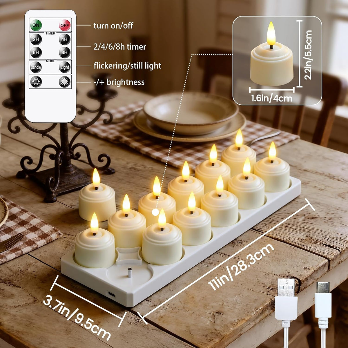Rechargeable LED Set of 12 Tea Light Remote Candles with Charging Station, Ivory Base Timer Flameless Flickering Plastic Votive 1.6" x2.2" Tealights (2.5 Hrs Fast Charge, 100 Hrs Long Lasting)