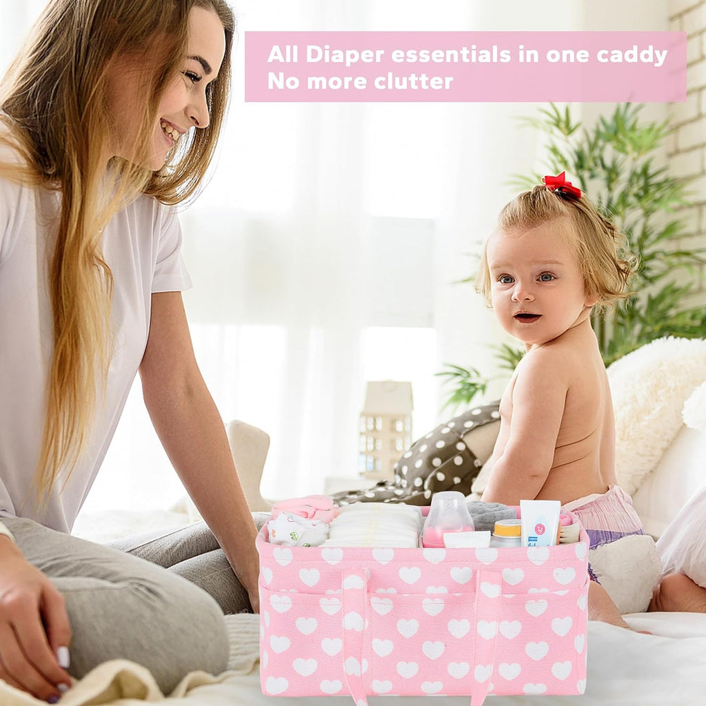 Diaper Caddy Organizer for Baby Girl-Nursery Storage Bin-Portable Car Organizer for Diapers and Baby Wipes- Baby Shower Registry Basket Newborn Must Have Tote Caddy Bag（Pink Heart）