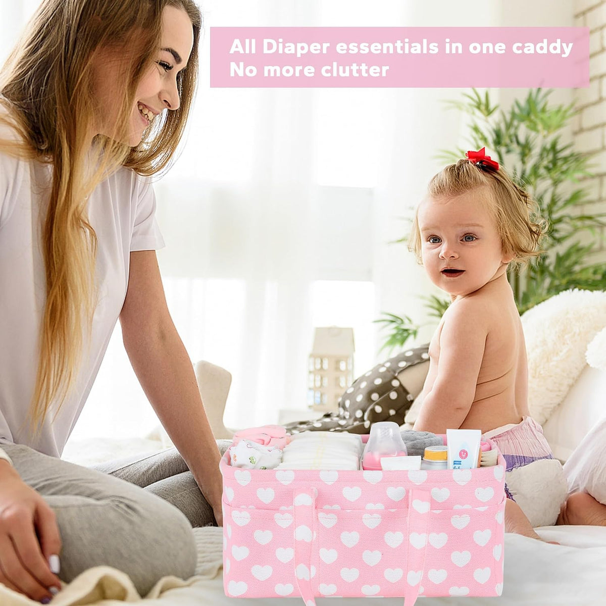 Diaper Caddy Organizer for Baby Girl-Nursery Storage Bin-Portable Car Organizer for Diapers and Baby Wipes- Baby Shower Registry Basket Newborn Must Have Tote Caddy Bag（Pink Heart）