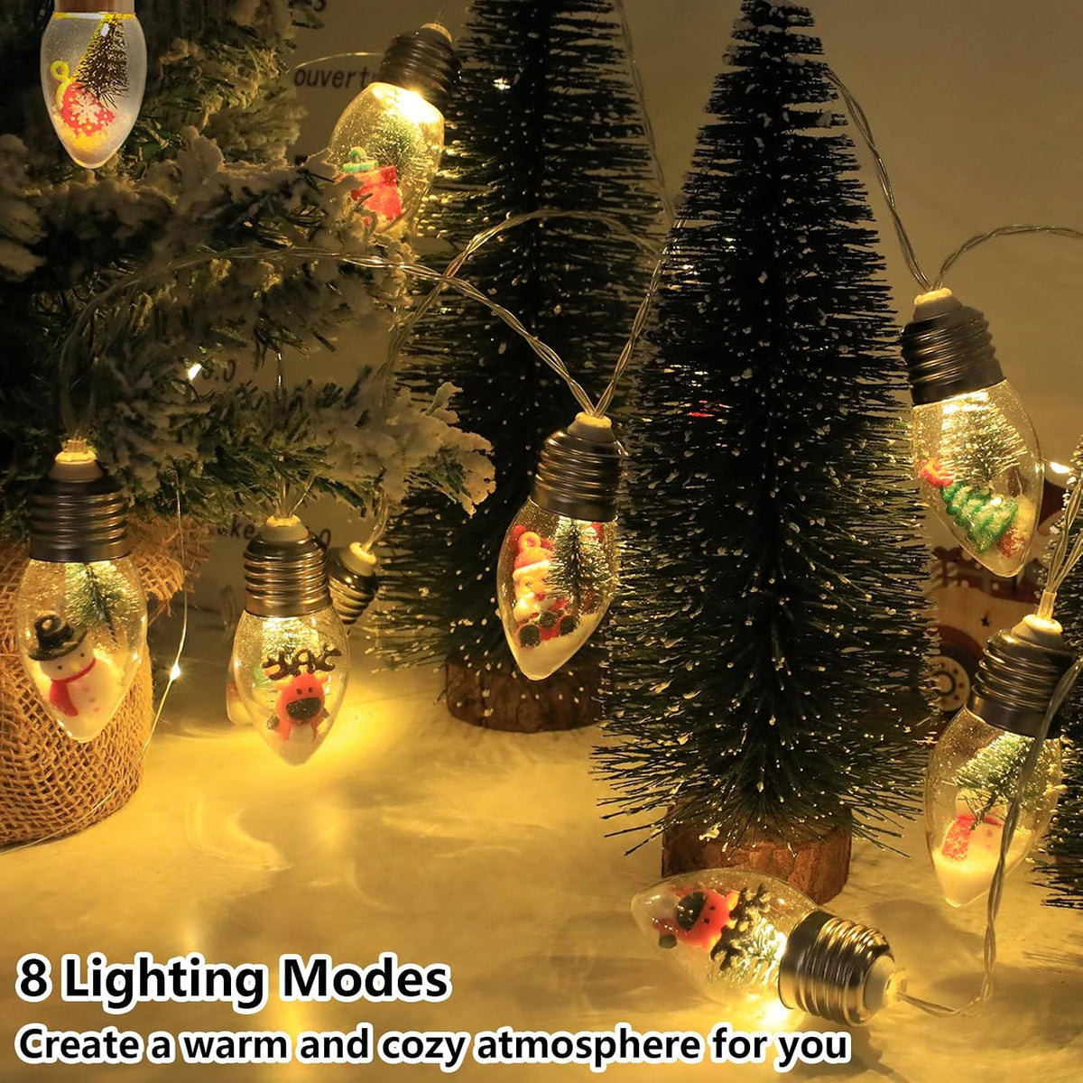 Christmas Lights Indoor 8Ft 12 LED Snow Globe String Lights Battery Operated with Timer, Christmas String Light Indoor for Bedroom Porch Garden Party Fireplace Xmas Decor