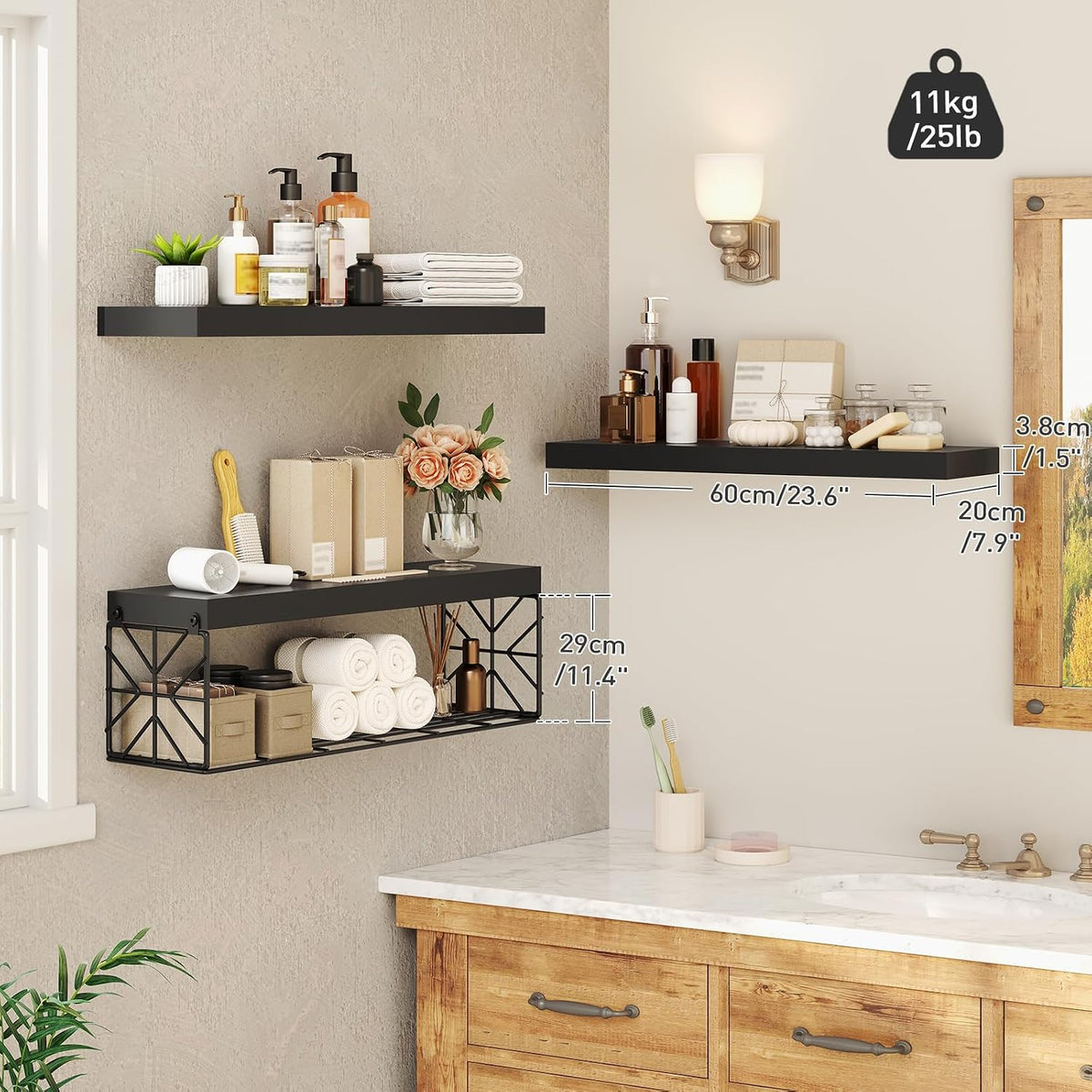 RALGEND Floating Shelves for Wall, 23.6" Bathroom Shelves Over Toilet Set of 3, 1.5" Thick Hanging Wall Mounted Shelf Storage, Farmhouse Home Decor for Bedroom, Living Room, Kitchen, Black 6001BJBB