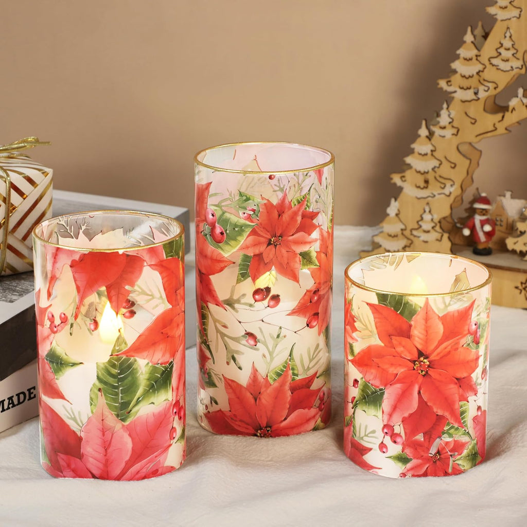 Crystal Club Red Poinsettia Christmas Flameless Candles with Remote
