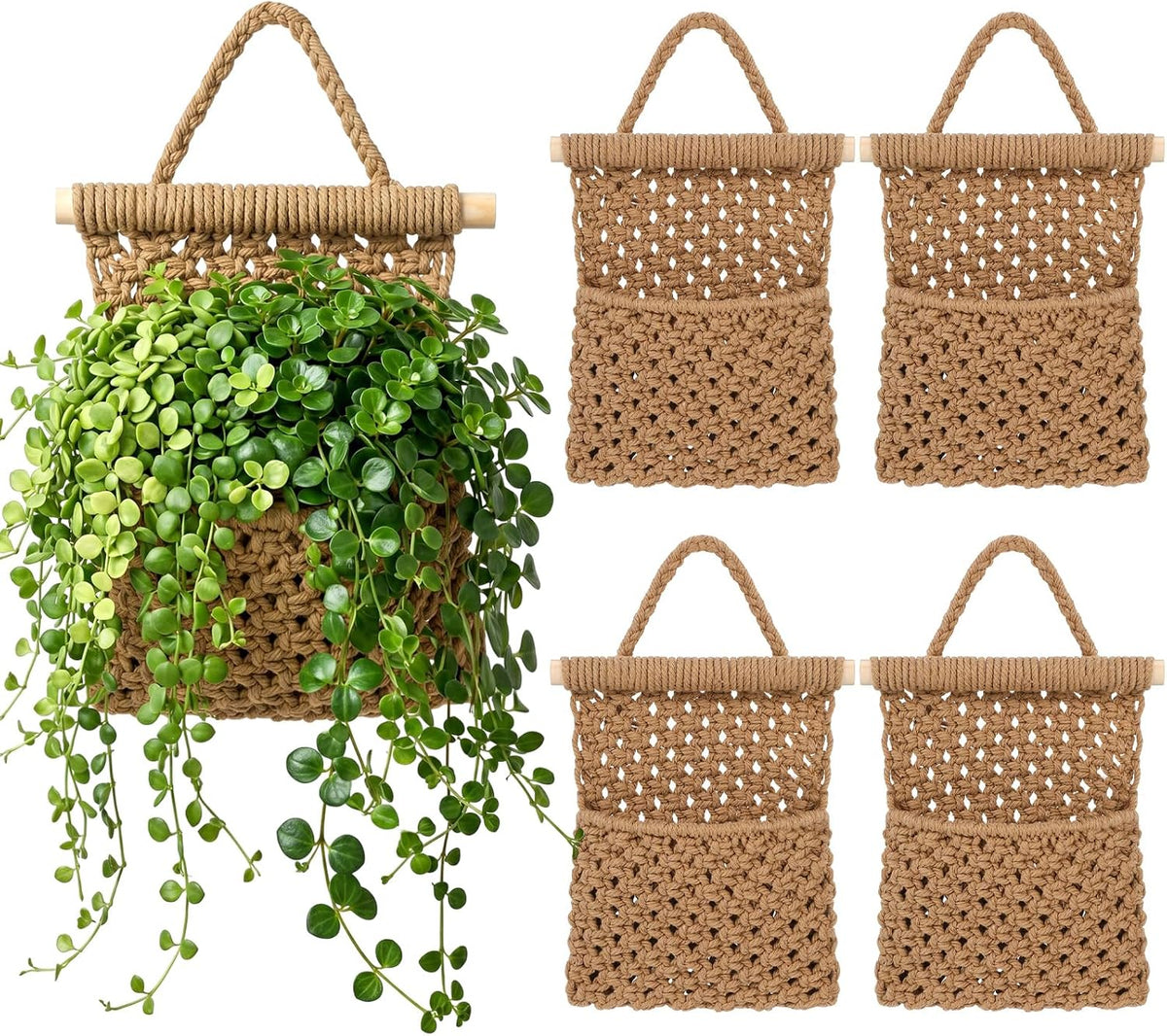 4 Pack Macrame Wall Plant Hangers, Jute with Wooden Rod for Indoor