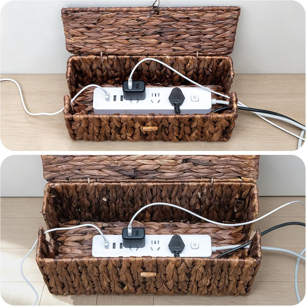 Cable Management Box with Lid, 2Pack Handwoven Real Water Hyacinth Cord Hider Organizer Boxes,2 Side Open Slots Storage Box to Hide Cords Power Strip for Desk, Floor, Office