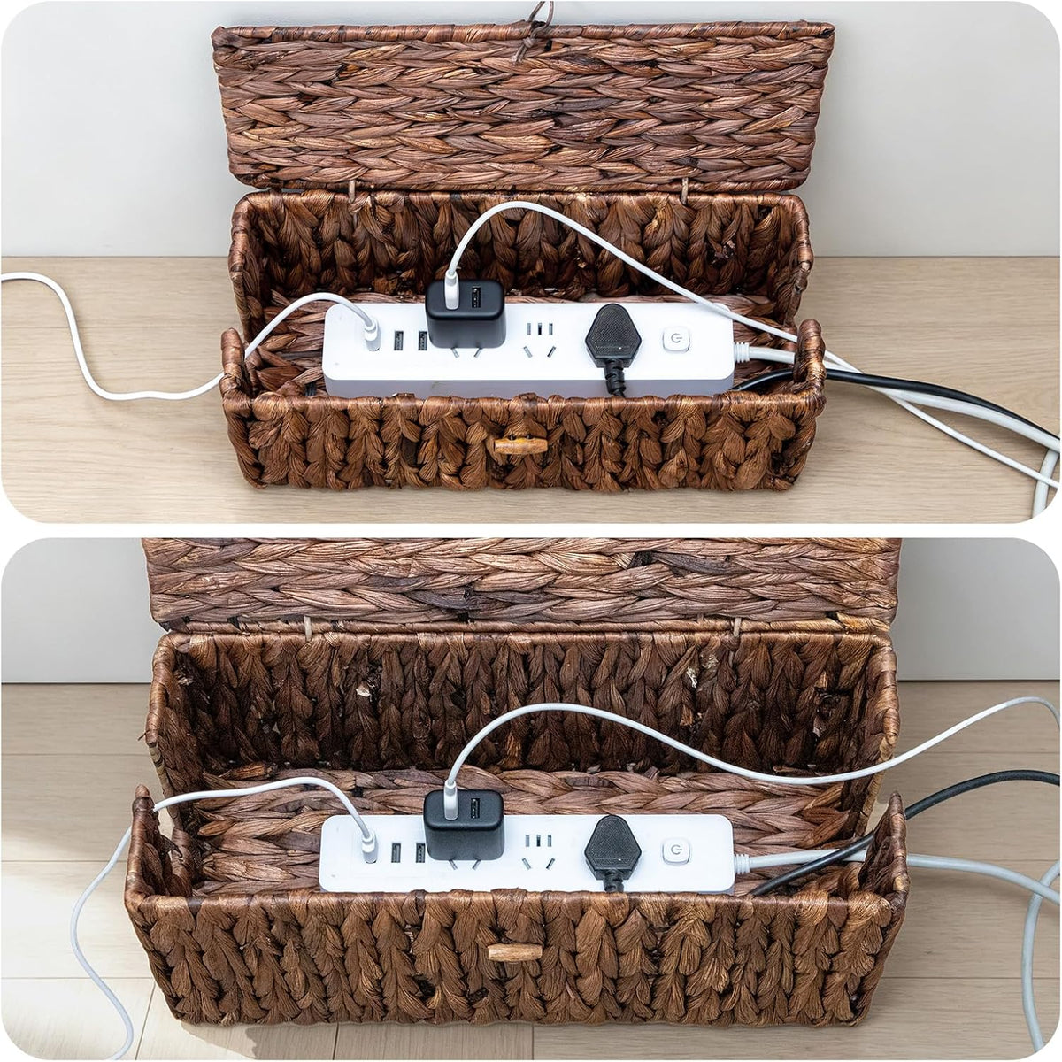 Cable Management Box with Lid, 2Pack Handwoven Real Water Hyacinth Cord Hider Organizer Boxes,2 Side Open Slots Storage Box to Hide Cords Power Strip for Desk, Floor, Office
