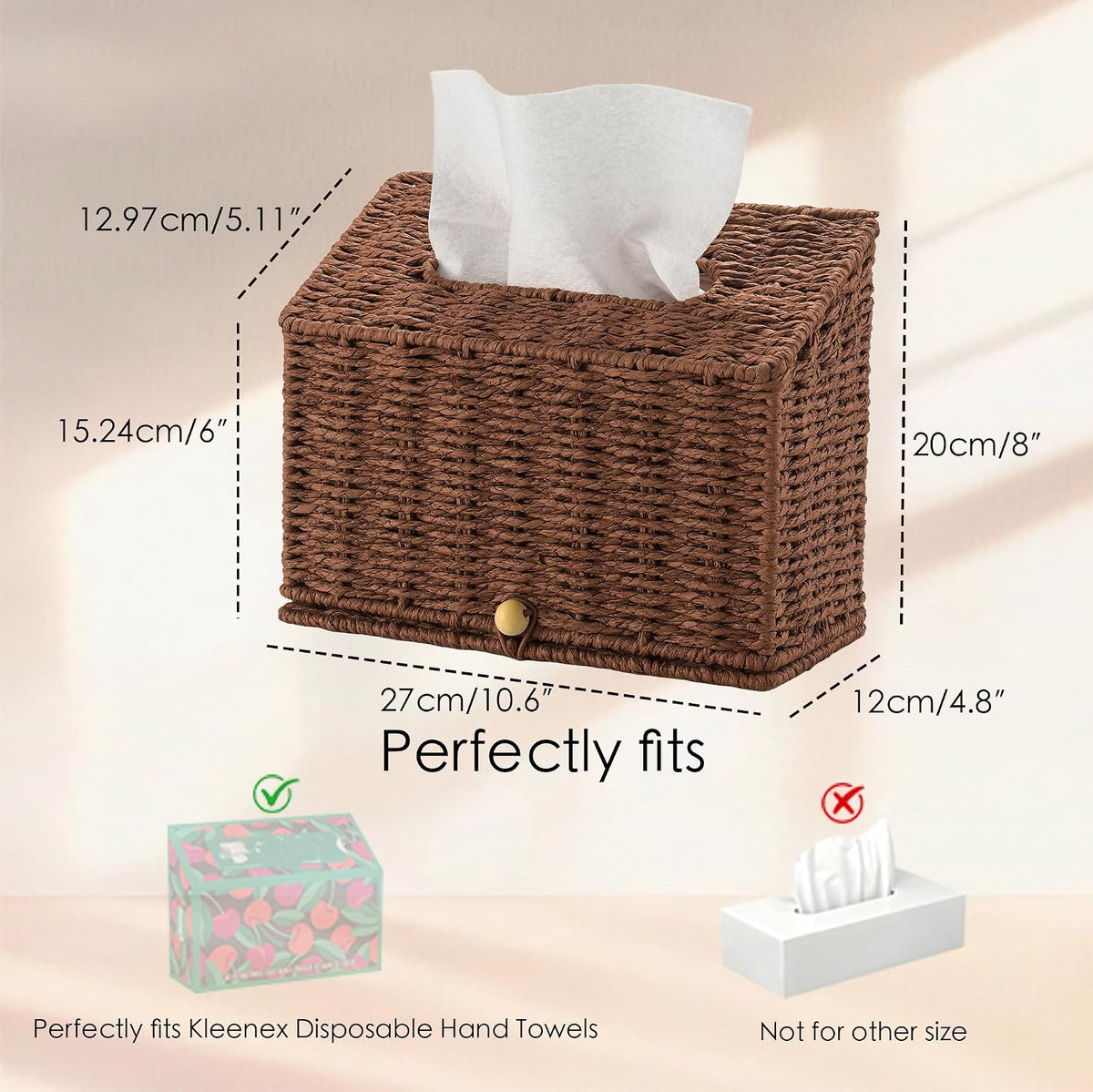 PINXIURY Hand Towel Box Cover,Paper Rope Wicker Tissue Holder for Kleenex Hand Towels,Hand Towel Holder,Slant-Top Paper Rope Tissue Box for Bathroom,Kitchen and Bedroom, Coffee