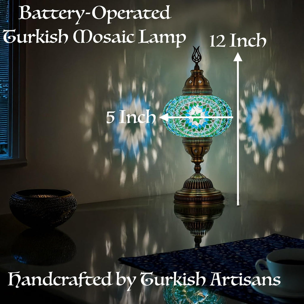 DEMMEX Battery-Operated Turkish Moroccan Mosaic Table Lamp – 12”H, 5”W, Portable Stained Glass Lantern for Indoor & Outdoor Use, Cordless Handmade Decorative Light for Bedroom, Patio & Camping, Amber