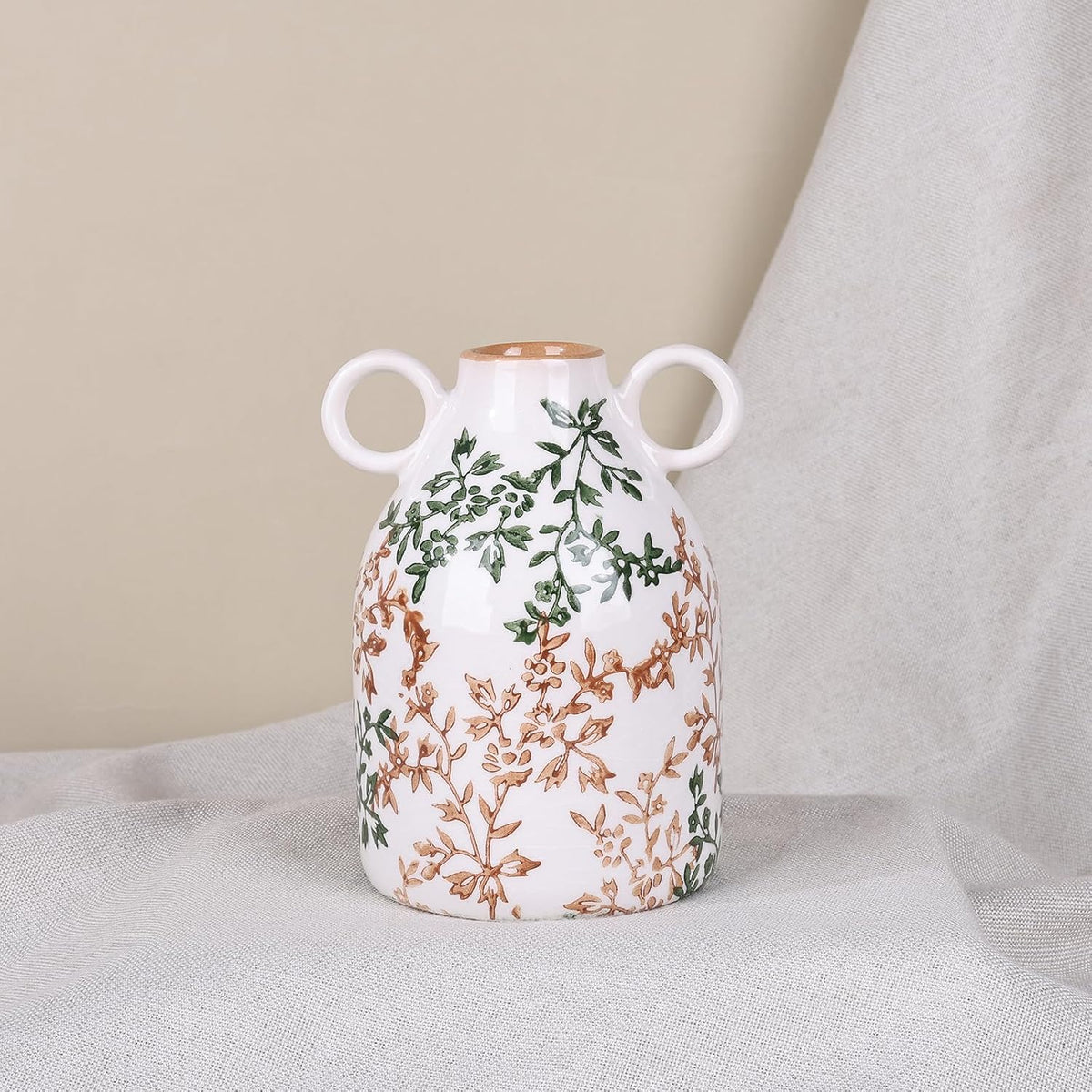 Green Floral Ceramic Vase with Handle, Nordic Boho Small Vases Side Table Flower Centerpiece, Wide Mouth Single Flower Vase Pampas Grass Decorative - for Home Window Sill Living Dining Room Kitchen