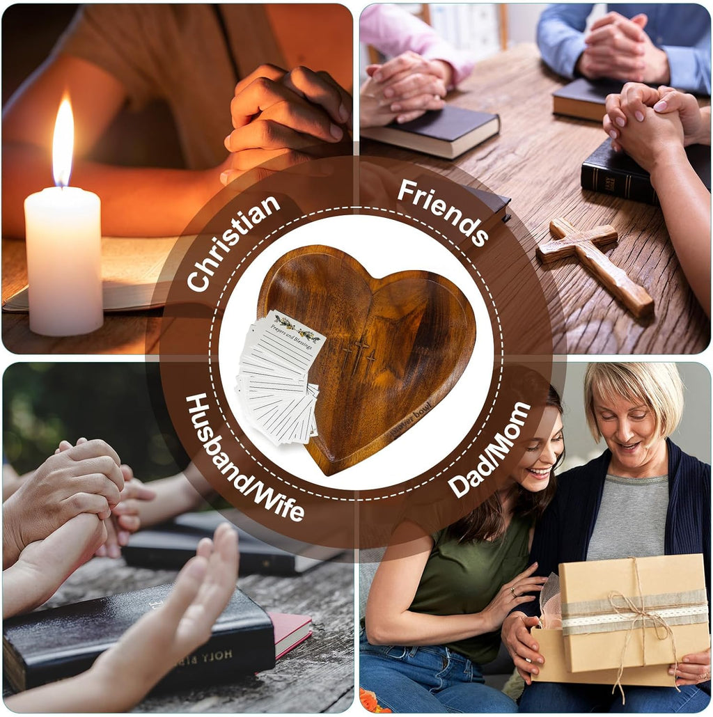 Wooden Prayer Bowl with 24 Cards, Heart Shaped Prayer Bowl