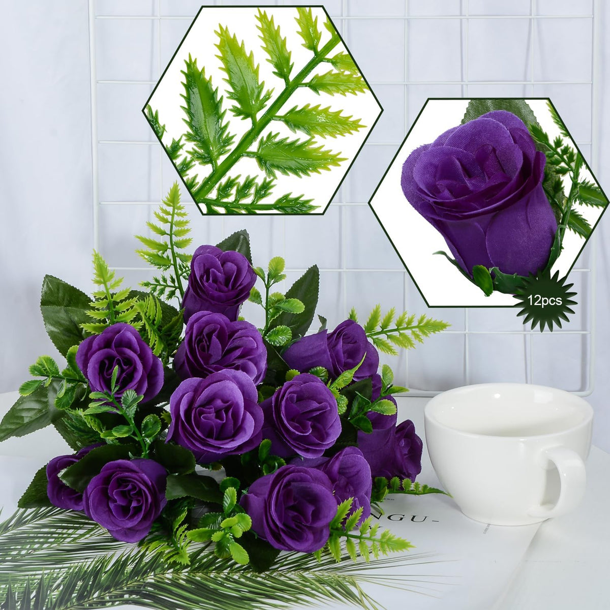 Artificial Rose Flowers Bouquet Realistic Silk Rose Fake Flowers for Wedding Home Centerpieces Party Cemetery Grave Decoration (4 Bouquets, Purple)
