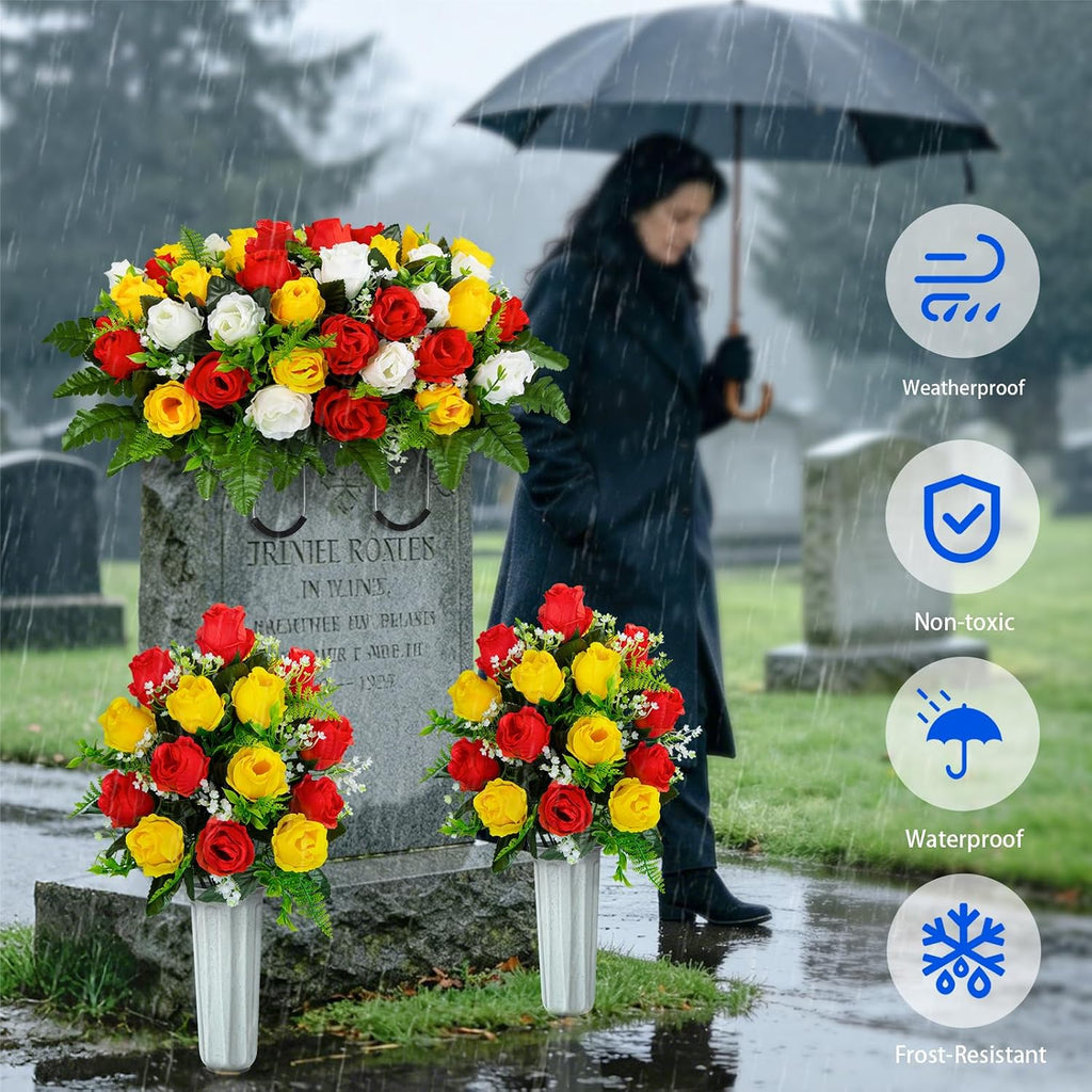 XONOR Artificial Cemetery Flower Saddles, Cemetery Memorial Flowers with Vase for Grave Tombstone Decorations (Yellow Red White)