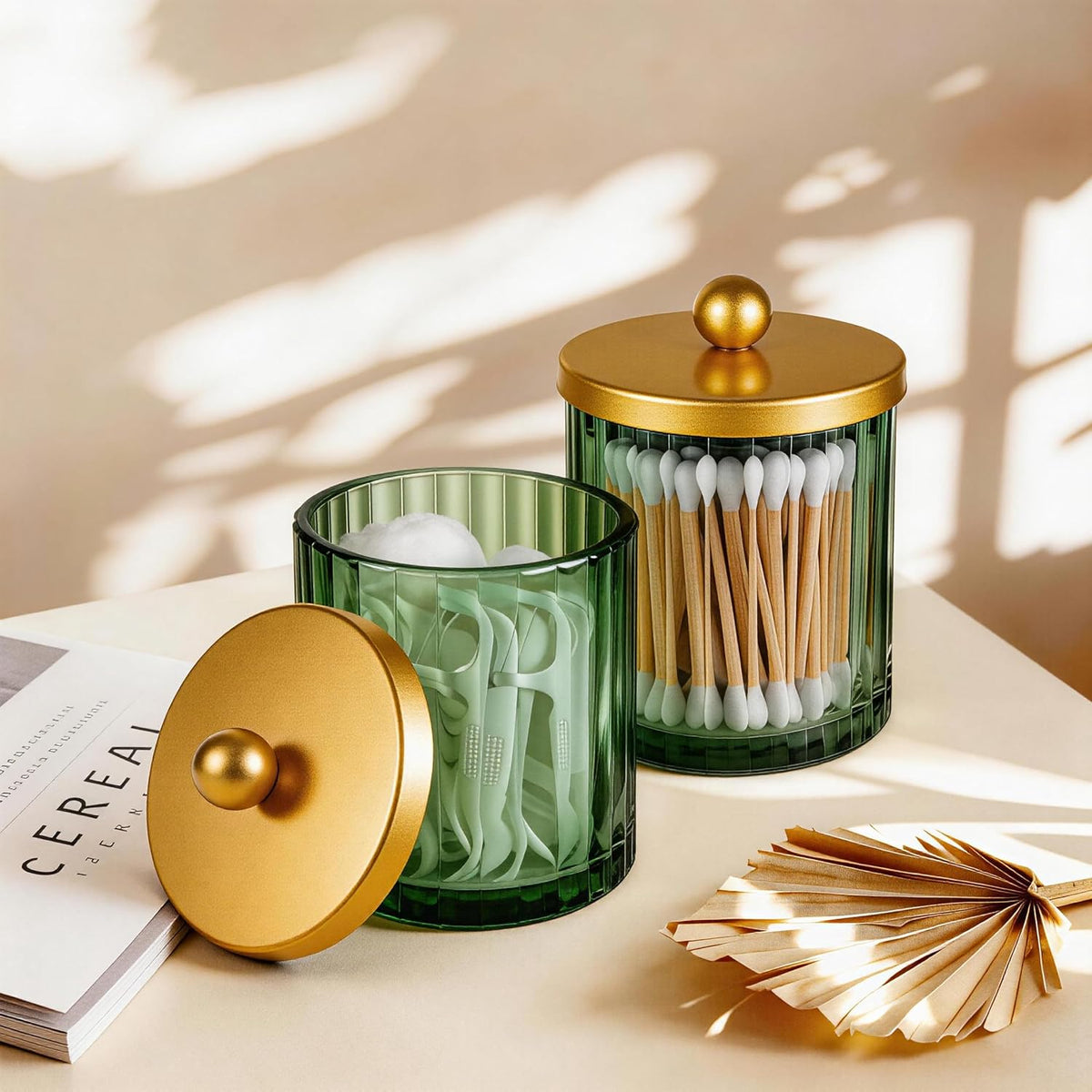 Amolliar Green Glass Qtip Holder Dispenser, Bathroom Canister, Gold 2 Pack
