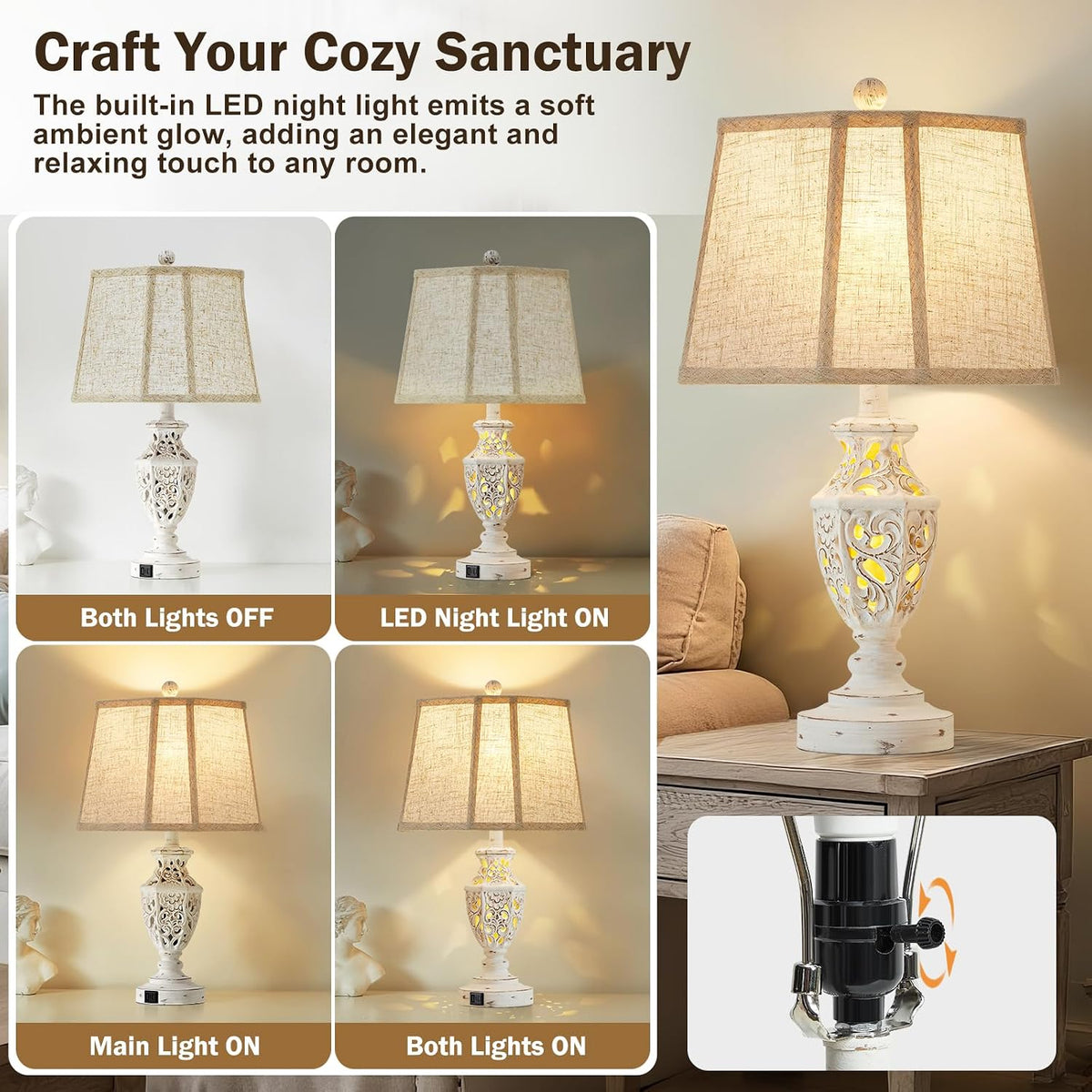 EJIAXIN Lamps for Night Stands Set of 2-23.5" Boho Bedside Lamp with USB A+C and Nightlight - Cream Rustic Carved Resin Farmhouse Table Lamp for Bedrooms, End Tables, Living Room, Bulbs Included
