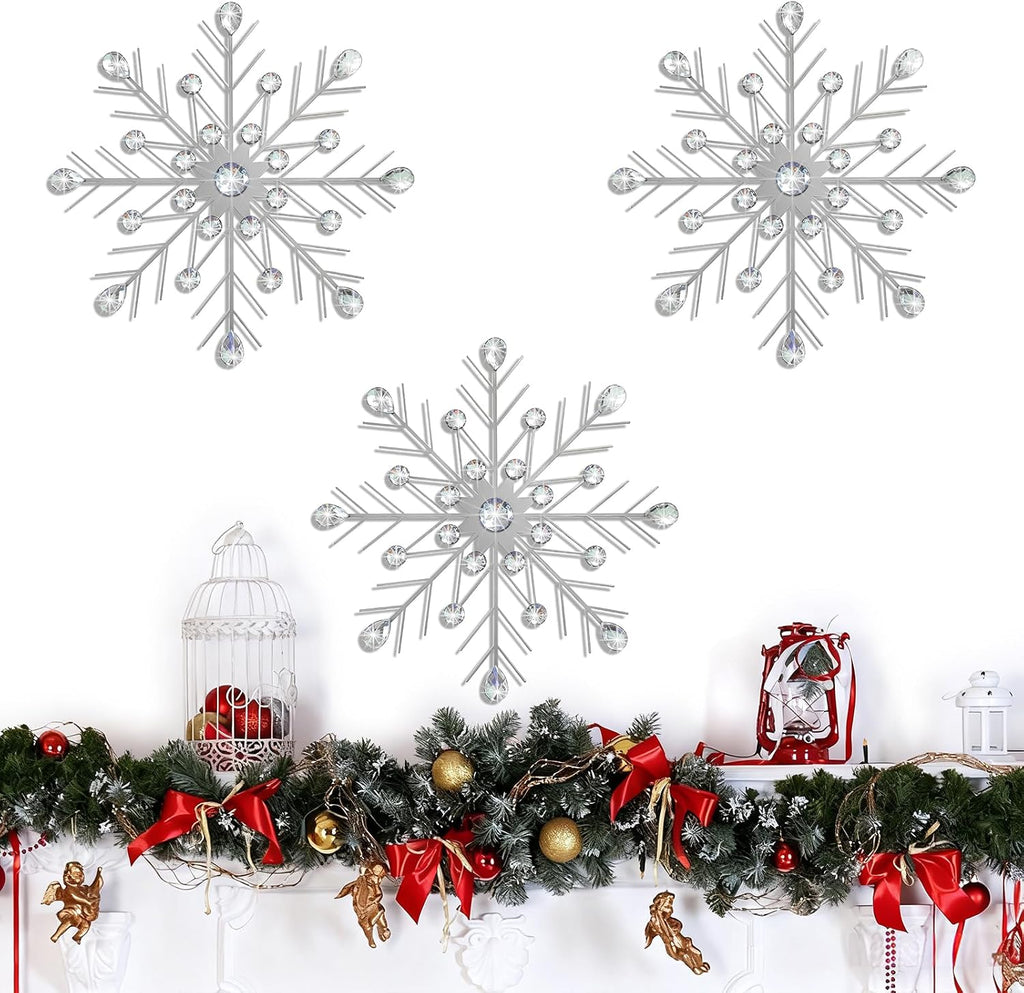 ZEXUIRU 3 Set Snowflake Wall Decor Living Room Bedroom Entryway Metal Bling, Crystal Rhinestone Starburst Sunburst Sparkling Wall Art Decor Silver Metal Christmas Decoration-Silver 13in