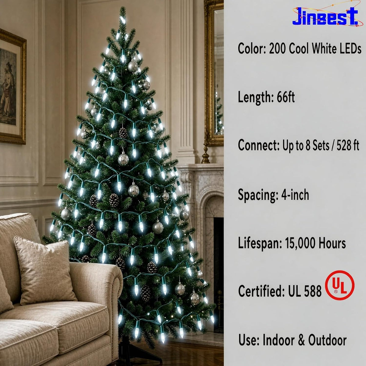 200 LED Cool White Christmas Lights, UL Certified and Commercial Green Wire String Lights 66ft, for Indoor and Outdoor Winter, Wedding, Garden, Patio.