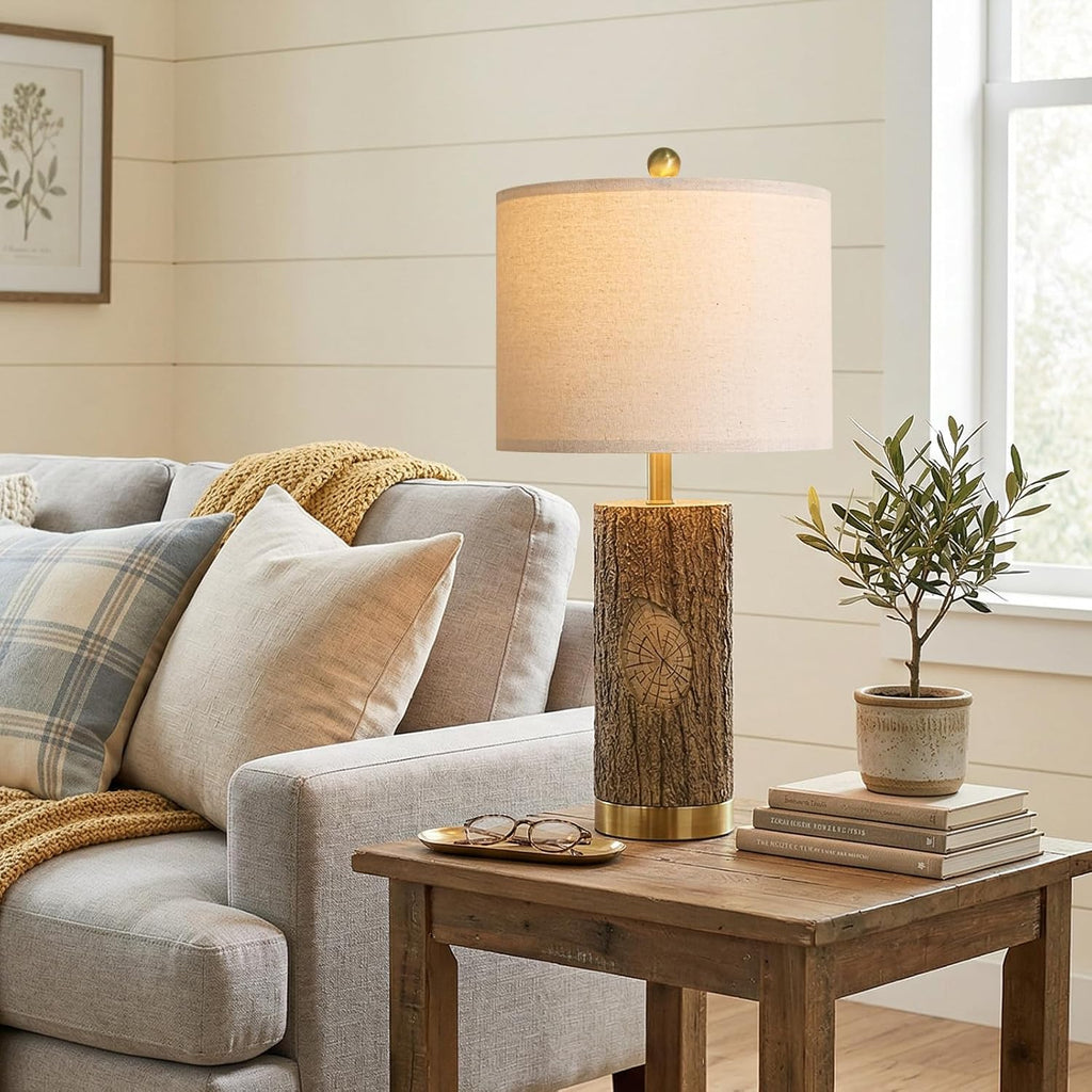 OYEARS 25.5'' Rustic Farmhouse Table Lamps, Faux Wood Tree Bark Lamps with Gold Base, Bedside Lamps Set of 2 with A+C Charging Ports, Retro Nightstand Lamps for Living Room Bedroom Hallway Decor Brown
