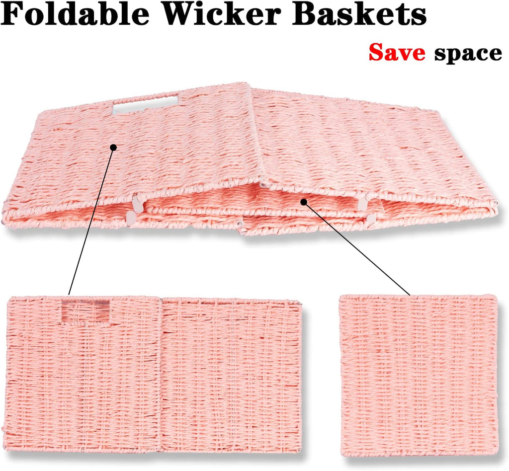 Vagusicc Wicker Storage Basket, Set of 2 Hand-Woven Paper Rope Storage Baskets for Organizing, Pink Cube Storage Bins, 11inch Large Wicker Storage Baskets for Shelves Gifts Pantry Organizing Decor