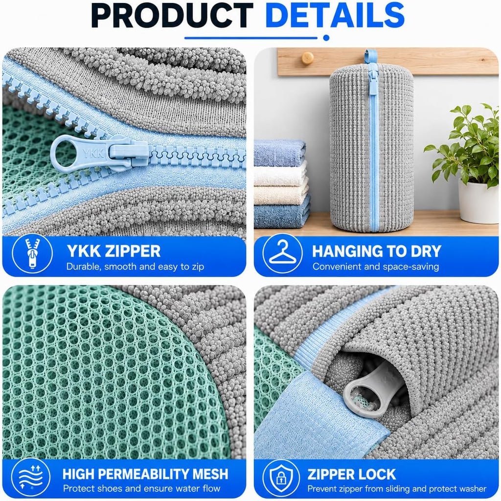 2 Pack Shoe Washing Machine Bag, Laundry Shoe Bag for Washer and Dryer, Reusable Shoe Cleaning Bag for Sneakers and All Shoes Types with Self-Locking Zipper(Gray)