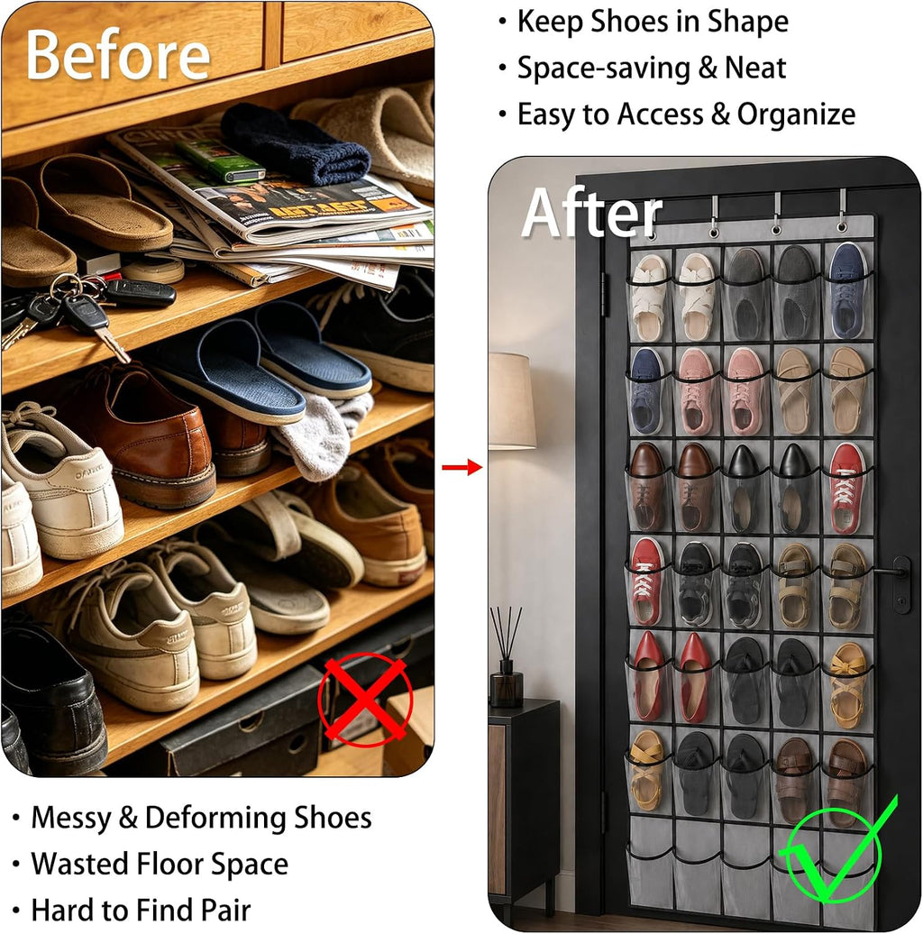 35 Pockets Over The Door Shoe Organizer, Large Breathable Mesh Hanging Shoe Rack with 4 Metal Hooks, Space Saving Gray Over Door Shoe Storage Holder Mesh Bag for Closet Entryway Bedroom Pantry