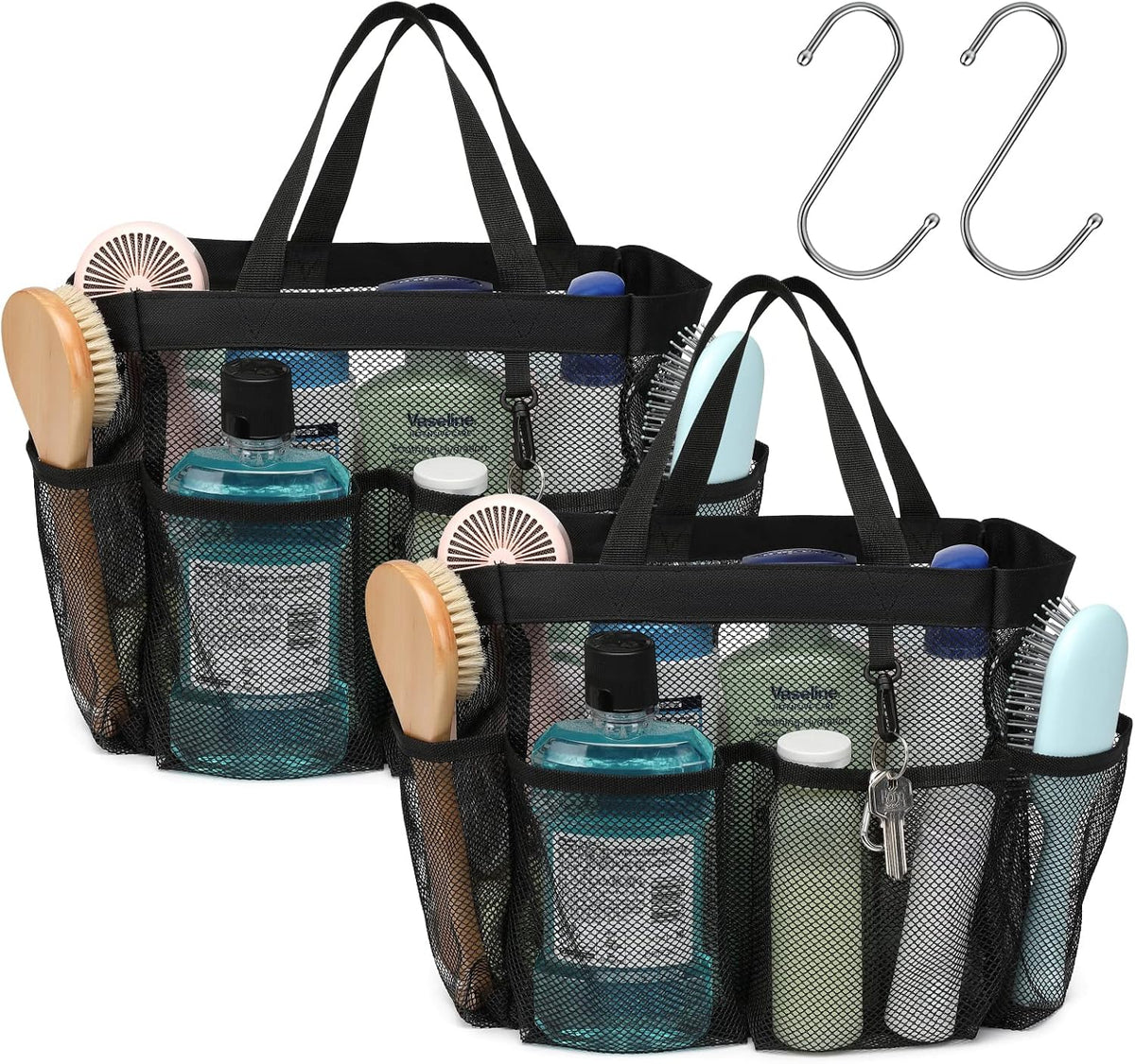 Mesh Shower Caddy Portable - 2 Packs, S-Hook, Shower Bag for Dorm Camping
