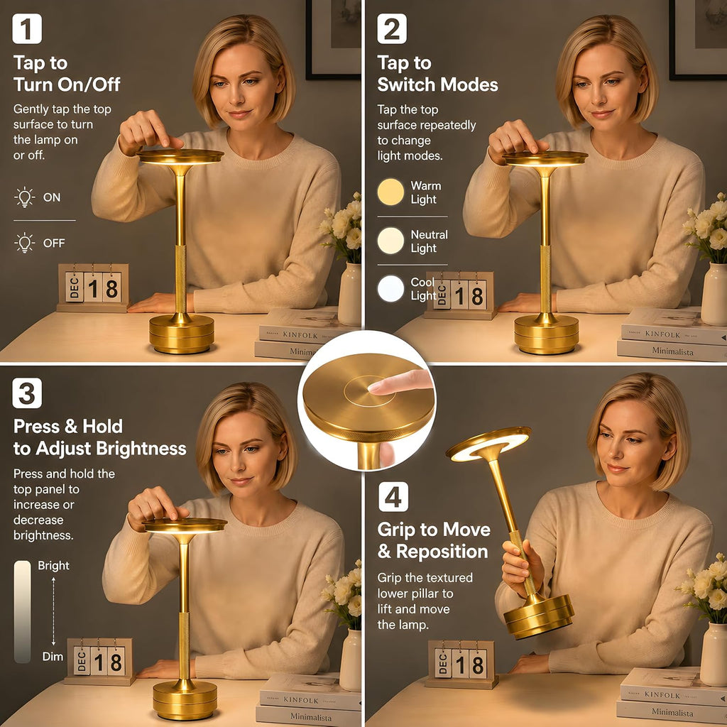 Cordless Rechargeable LED Table Lamp, 11.5 inches Modern Portable Desk Lamps 3 Colors Adjustable Brightness, 2600 mAh Battery Powered Table Light for Bar Restaurant Dining Golden 1Pcs