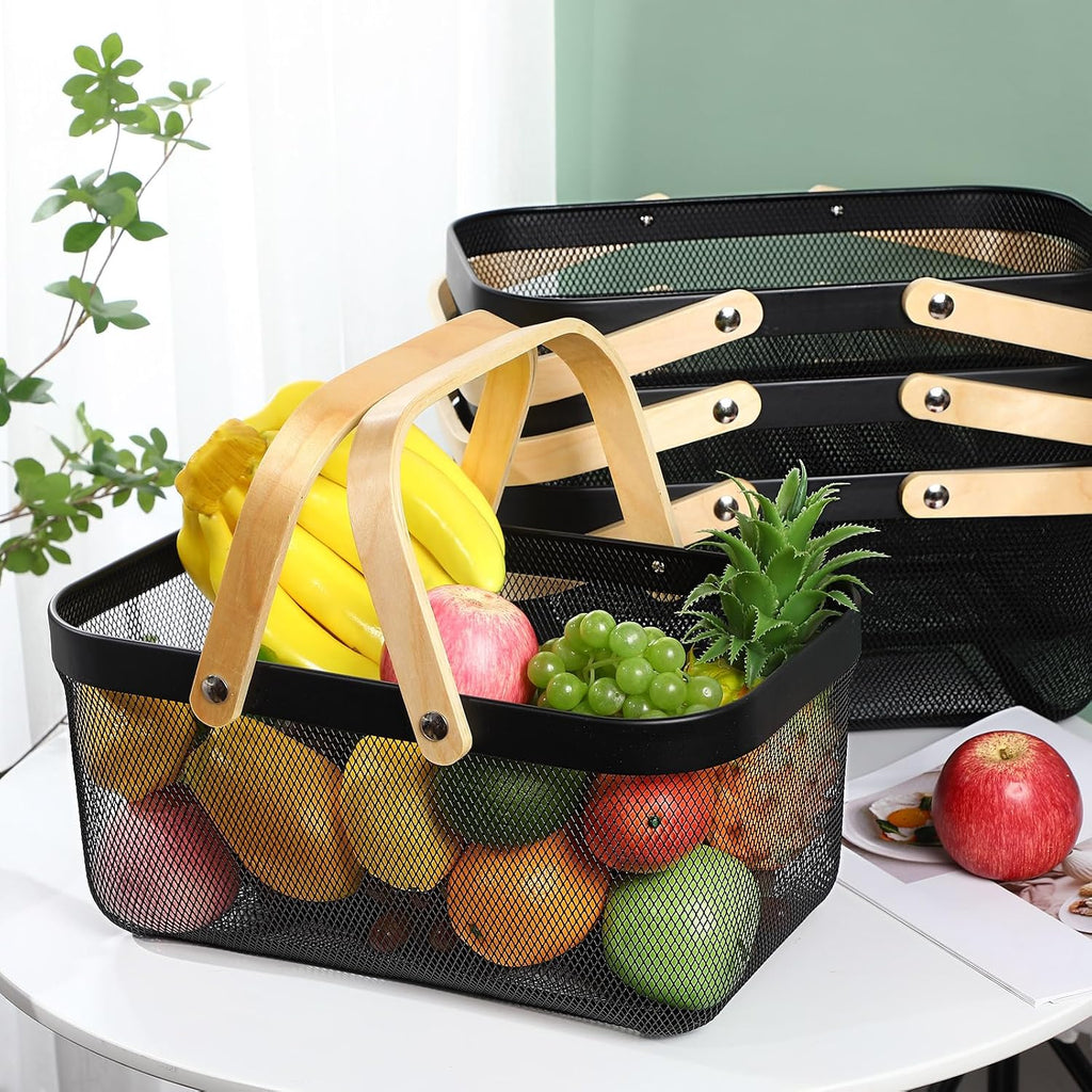 Sadnyy 4 Pcs Black Metal Wire Storage Basket with Handle Mesh Harvest Durable Vegetables Fruit Toy Basket for Garden Organizing, Kitchen, Countertop, Closet, Bedroom (16 x 9.8 x 7.1 Inch)